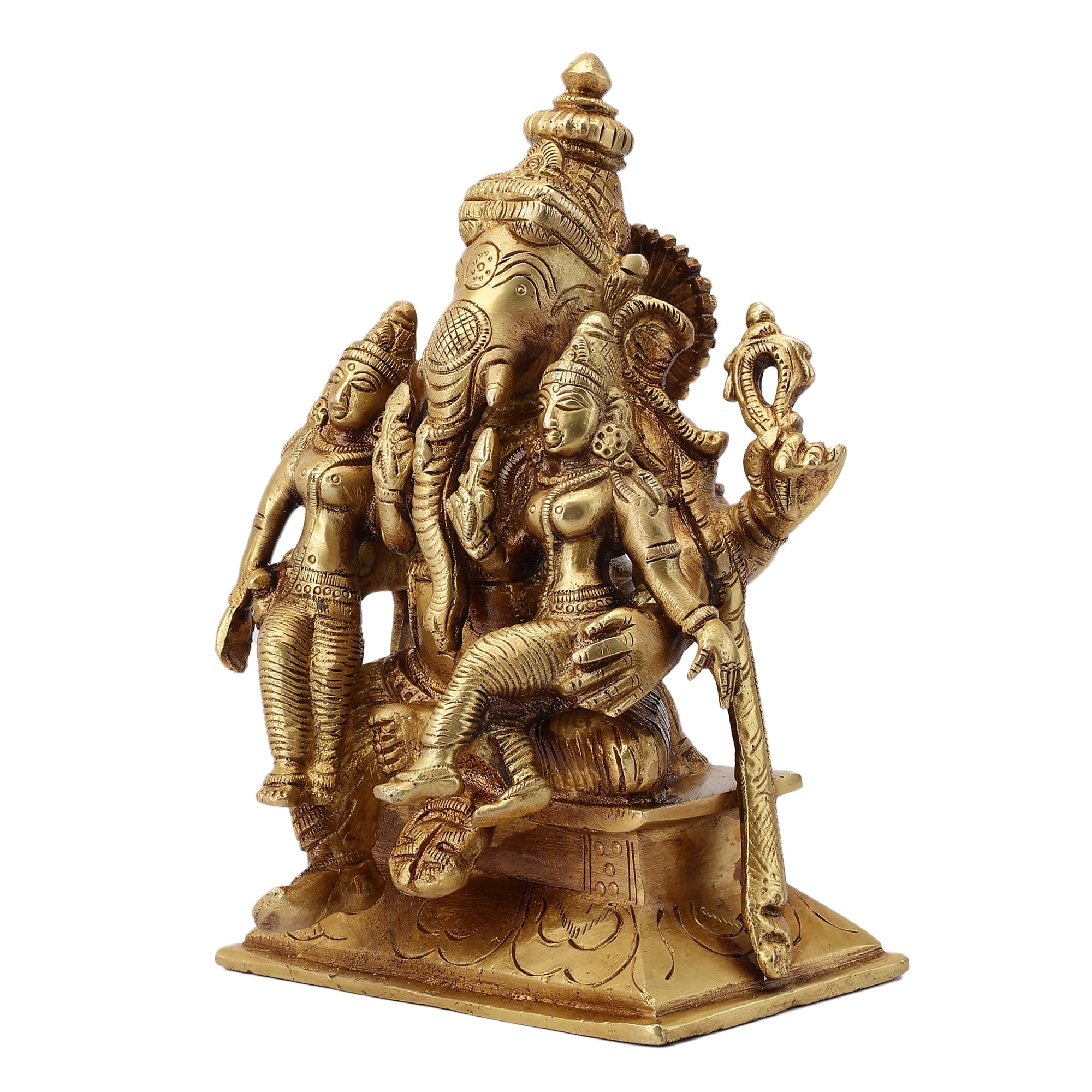 Try Feet Exquisite Divine Ganesh Statue With His Consorts Ridhi Sidhi, Traditional Hindu Religious Sculpture, Decorative Home Te