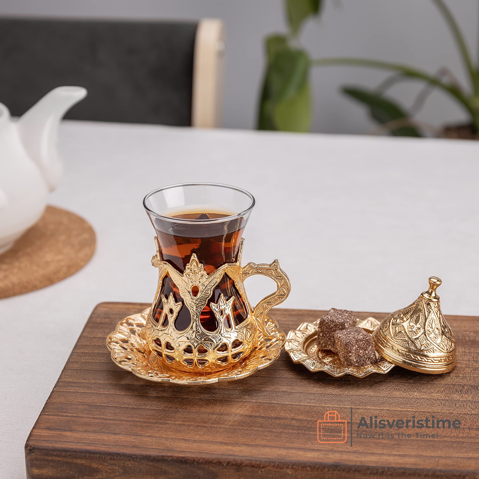 Alisveristime (Set Of 6 Handmade Turkish Tea Water Zamzam Serving Set Glasses Saucer (Gold)