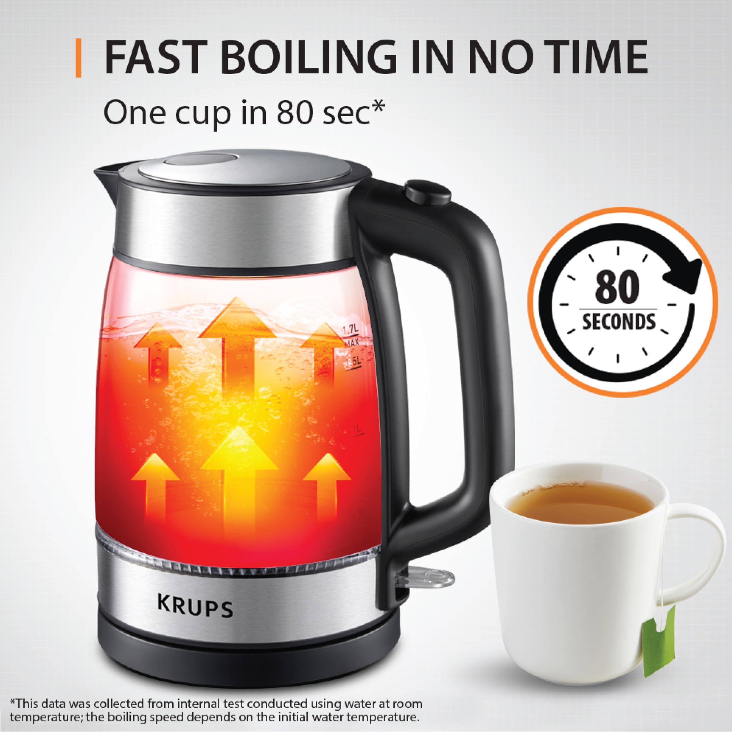 KRUPS 1.7L Glass Electric Kettle - Fast-Boiling 1500W, Auto Shut-Off, Stainless Steel and Black, Model KI700852