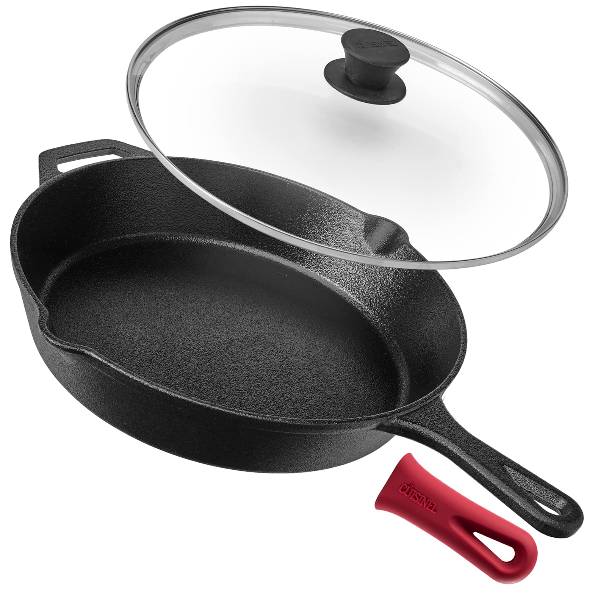 Cuisinel Cast Iron Skillet with Lid - 12''-Inch Frying Pan + Glass Lid + Heat-Resistant Handle Cover - Pre-Seasoned Oven Safe Cookware - Indoor/Outdoor Use - Grill  BBQ  Fire  Stovetop  Induction Safe