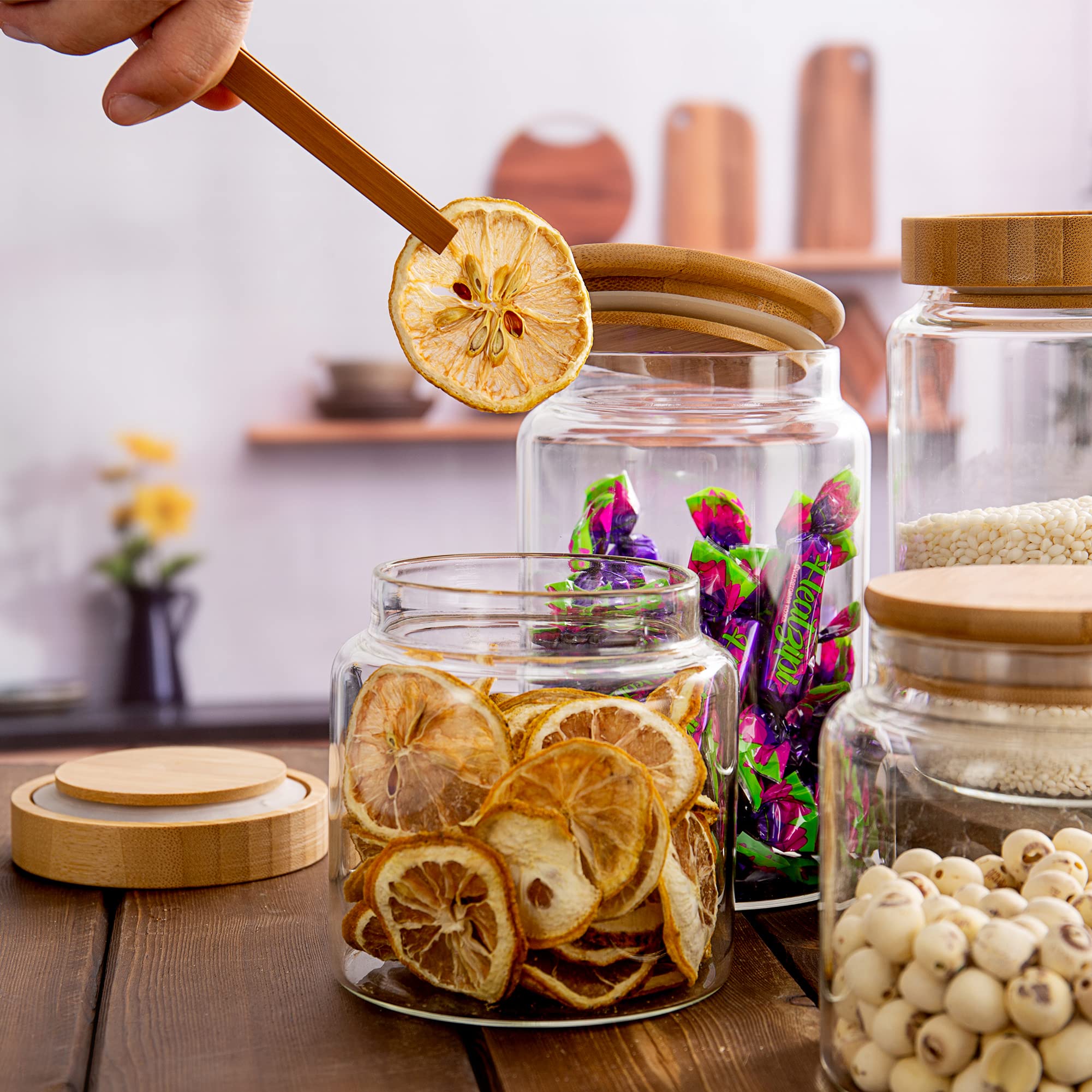 Moladri 1200Ml/42Oz Clear Cute Glass Storage Canister Holder With Airtight Bamboo Lid, Modern Decorative Large Container Jar For