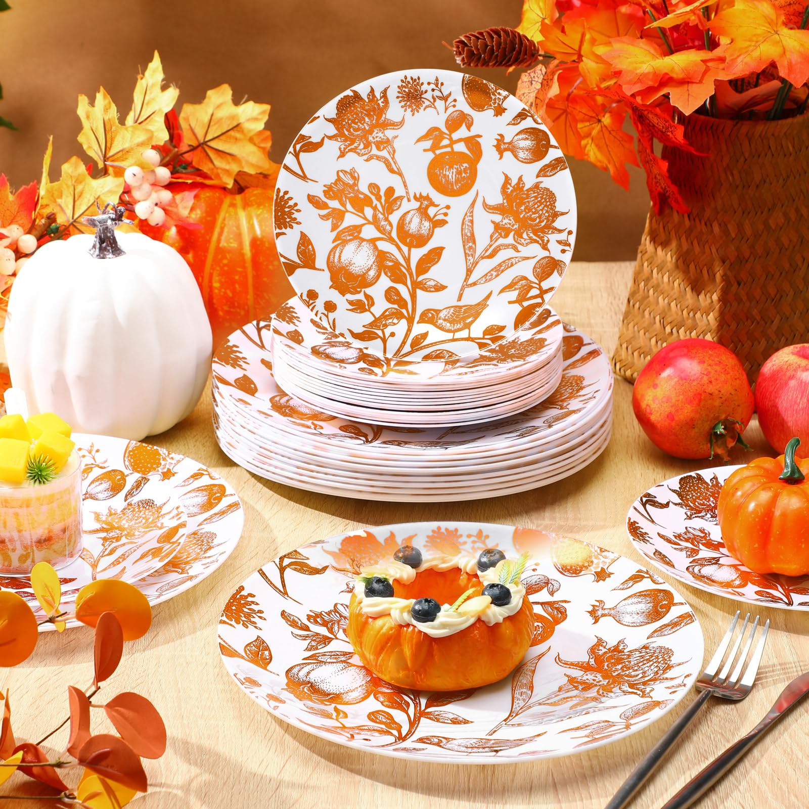 Suclain 60 Pcs Brown Fall Pomegranate Plastic Plates Thanksgiving Wedding Party Decoration Bulk 10.25 7.5 Dessert Dinner Dis