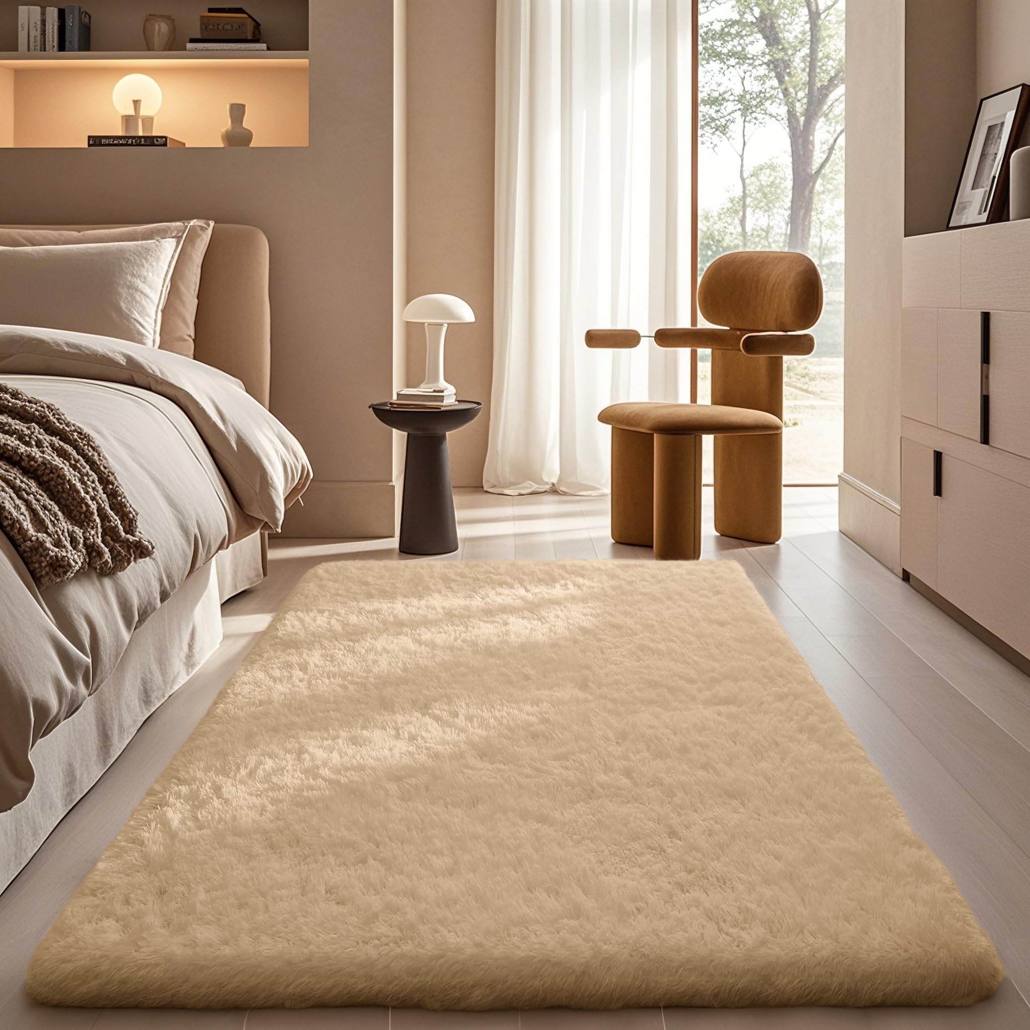 Ophanie Beige Rugs for Bedroom Living Room, Fluffy Fuzzy Furry Carpet, Plush Soft Shaggy Bedside Indoor Floor 4x6 Area Rug for K