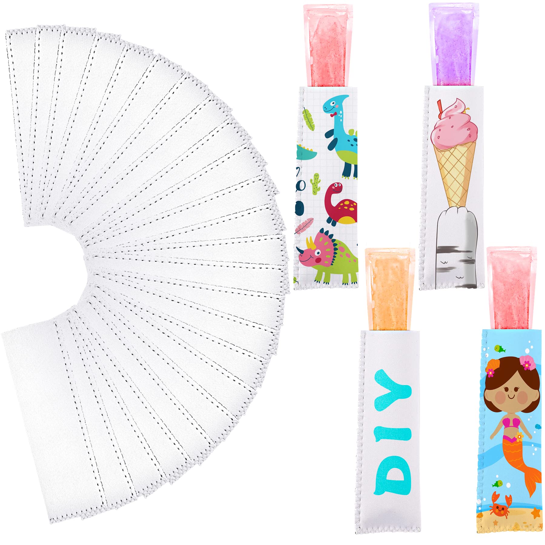 JANYUN 24 Pack Sublimation Blanks White Ice Pop Sleeves Neoprene Freezer Popsicle Covers Holders Bags for Kids Party Supplies (W