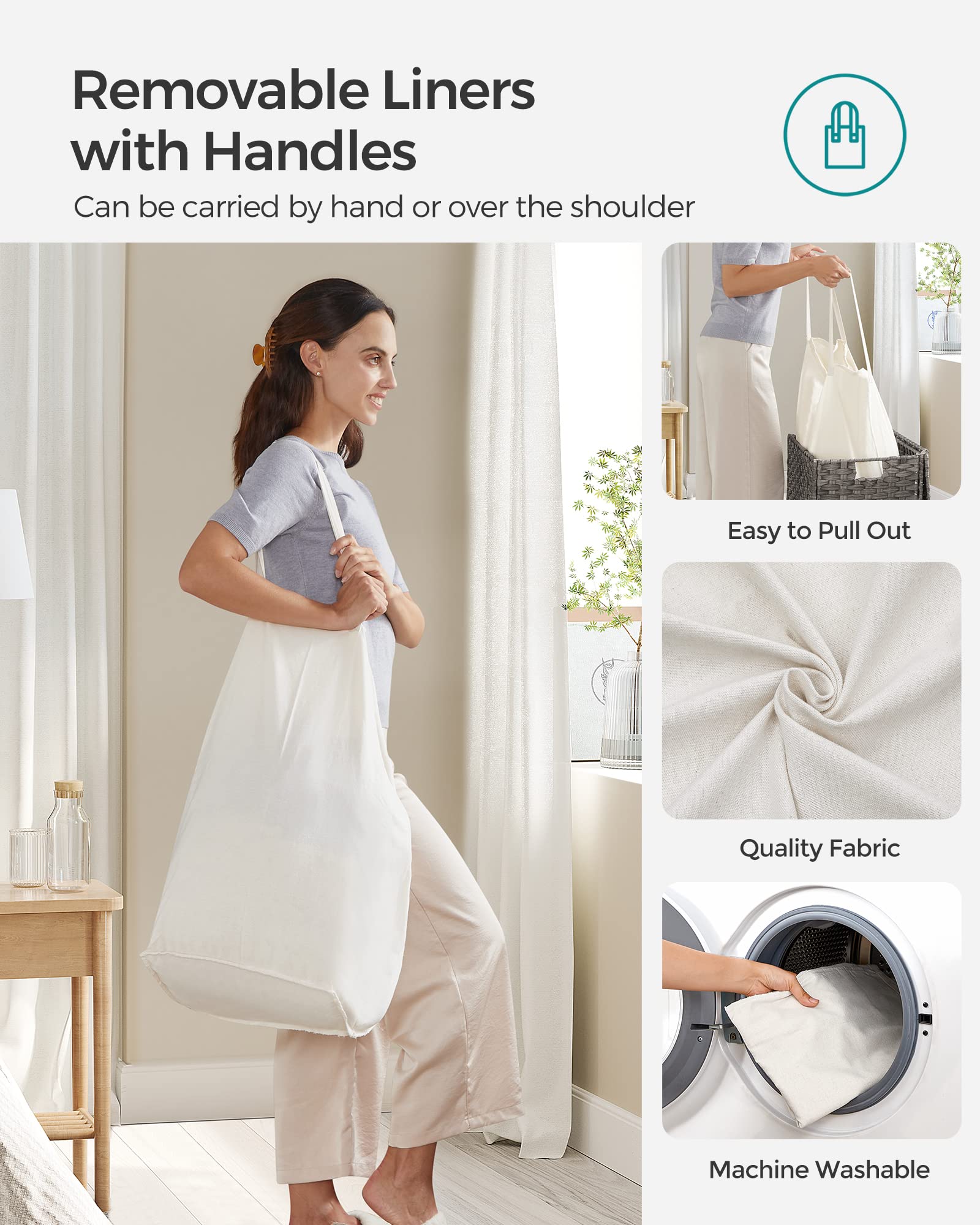 Songmics 130L Clothes Hamper With Lid, 2 Removable Liner Bags, 6 Mesh Bags, Wicker, Double Laundry Basket For Bathroom, 13 X 26