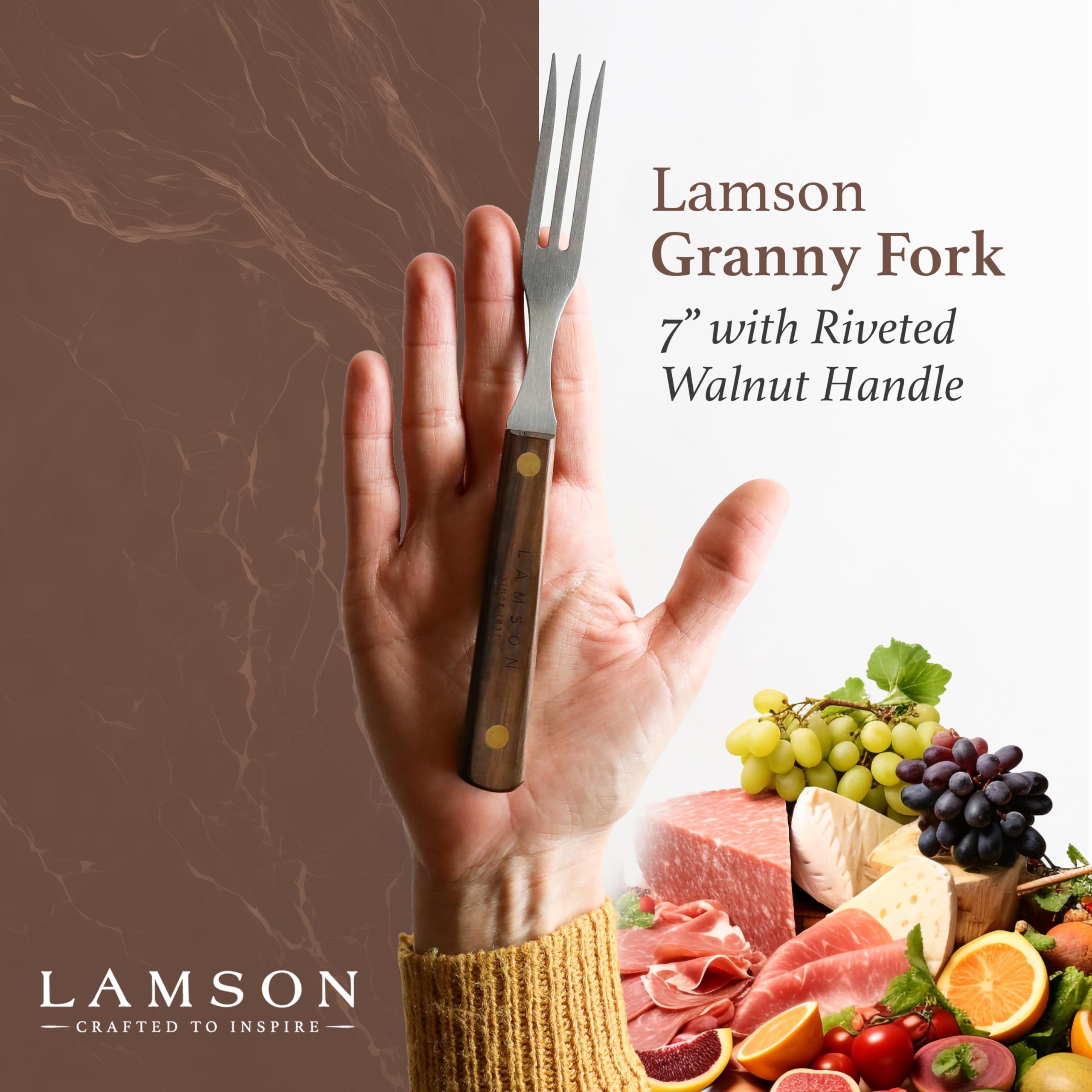 Lamson 7-Inch Granny Fork, 3-Tine, Stainless Steel, Walnut Finish, Model 33420