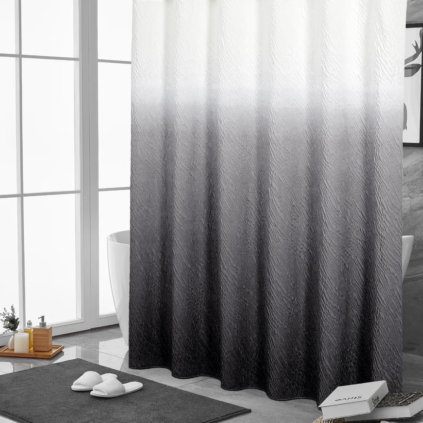 Mitovilla Black Ombre Shower Curtain Set With Hooks, Waves Textured Fabric Shower Curtains For Modern Luxury Bathroom Decor, 3D