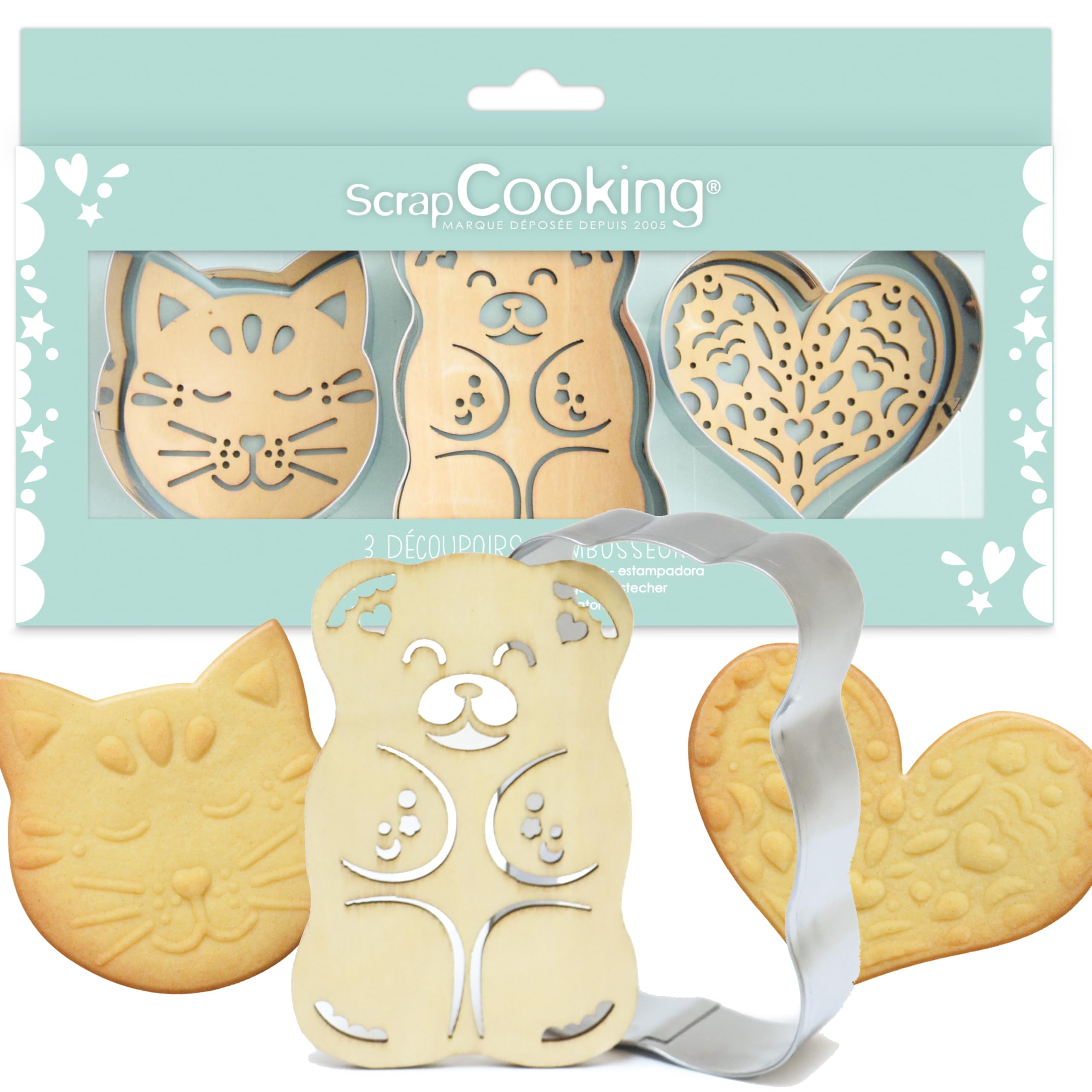 ScrapCooking 2111 Set of 3 Wooden Cutters & Embossers - Cat, Bear, Heart - Stainless Steel Cookie Cutters for Embossed Biscuits 