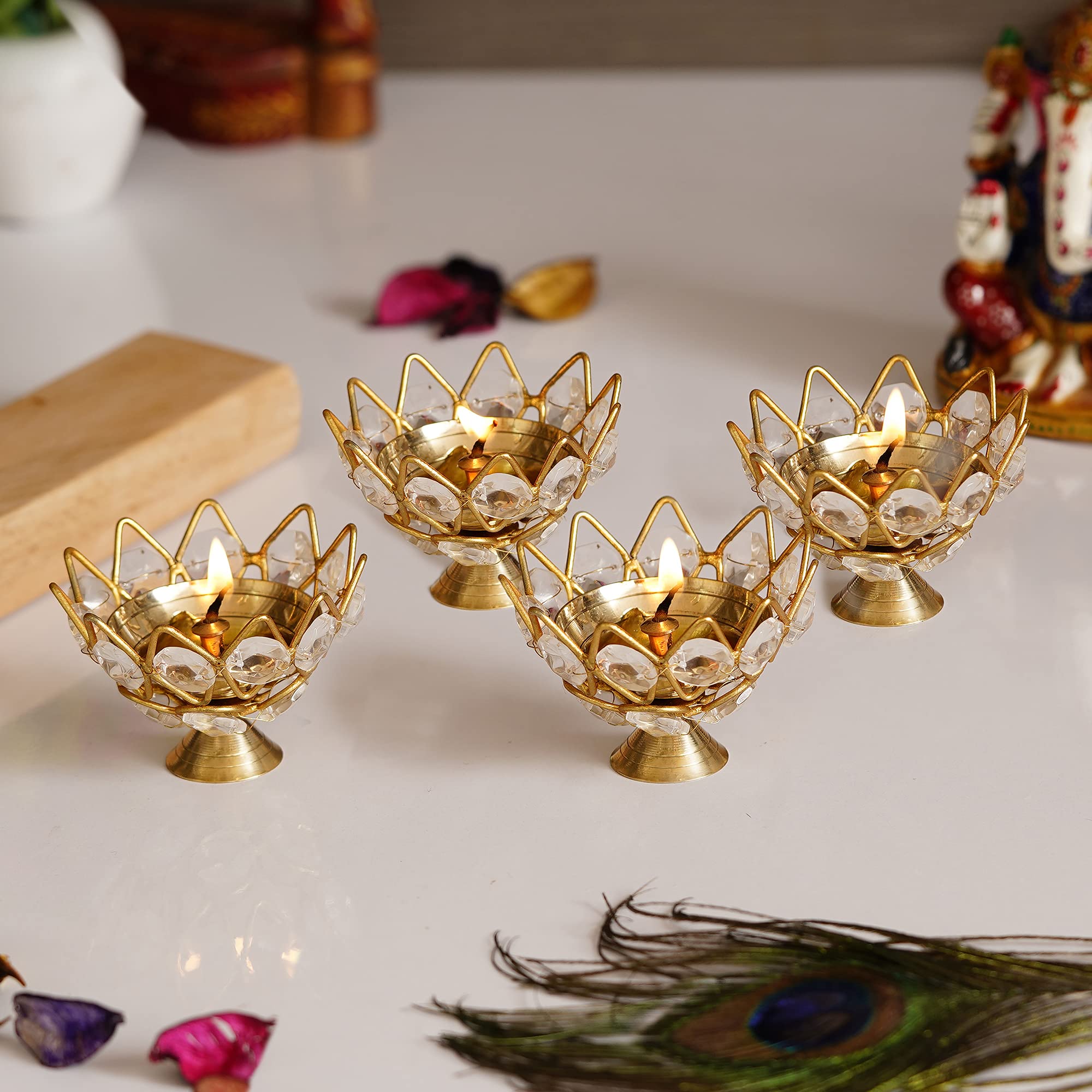 eCraftIndia Lotus Shape Crystal Golden Brass Diya for Diwali, Navratri, Dussehra, and Other Festive Occasions