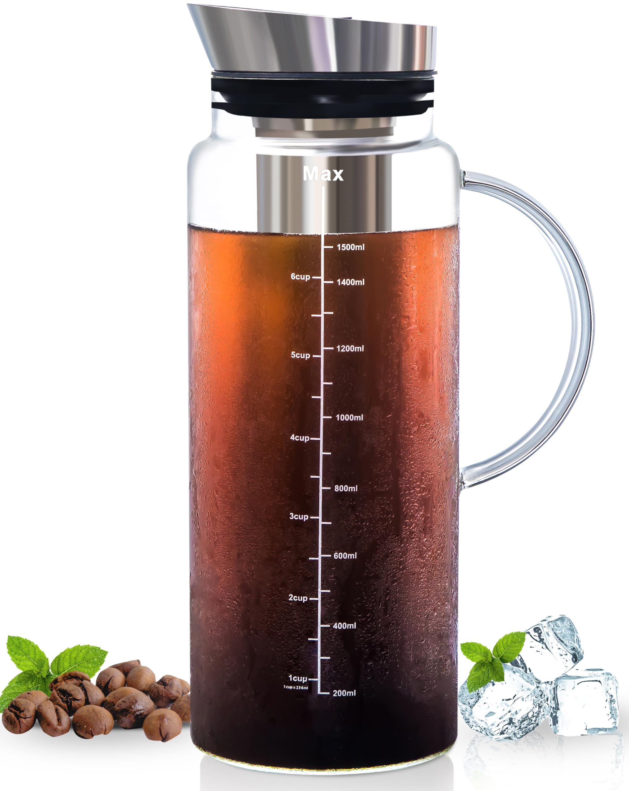 Aquach Cold Brew Coffee Iced Tea Maker & Fruit Pitcher - Large Capacity 51 Ounces - With Durable Glass Carafe/Fine Mesh Steel In