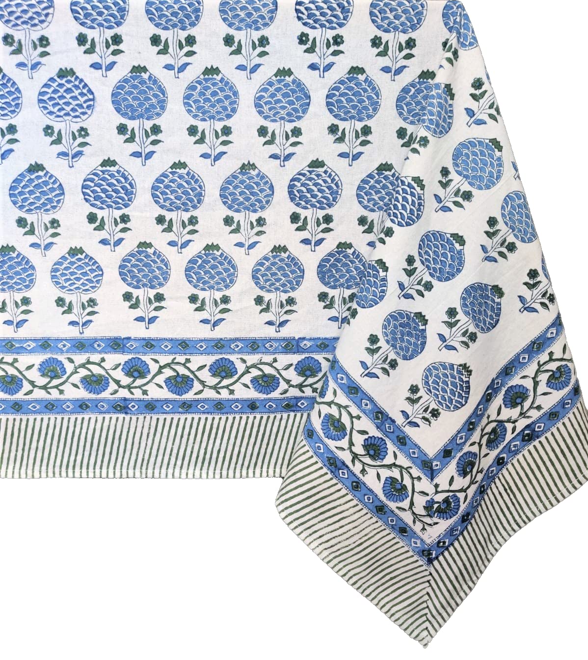 Atosii Roma Blue 100% Cotton Boho Rectangle Fall Tablecloth, Handblock Floral Print Table Cloth Linen For Kitchen Dining I Parti
