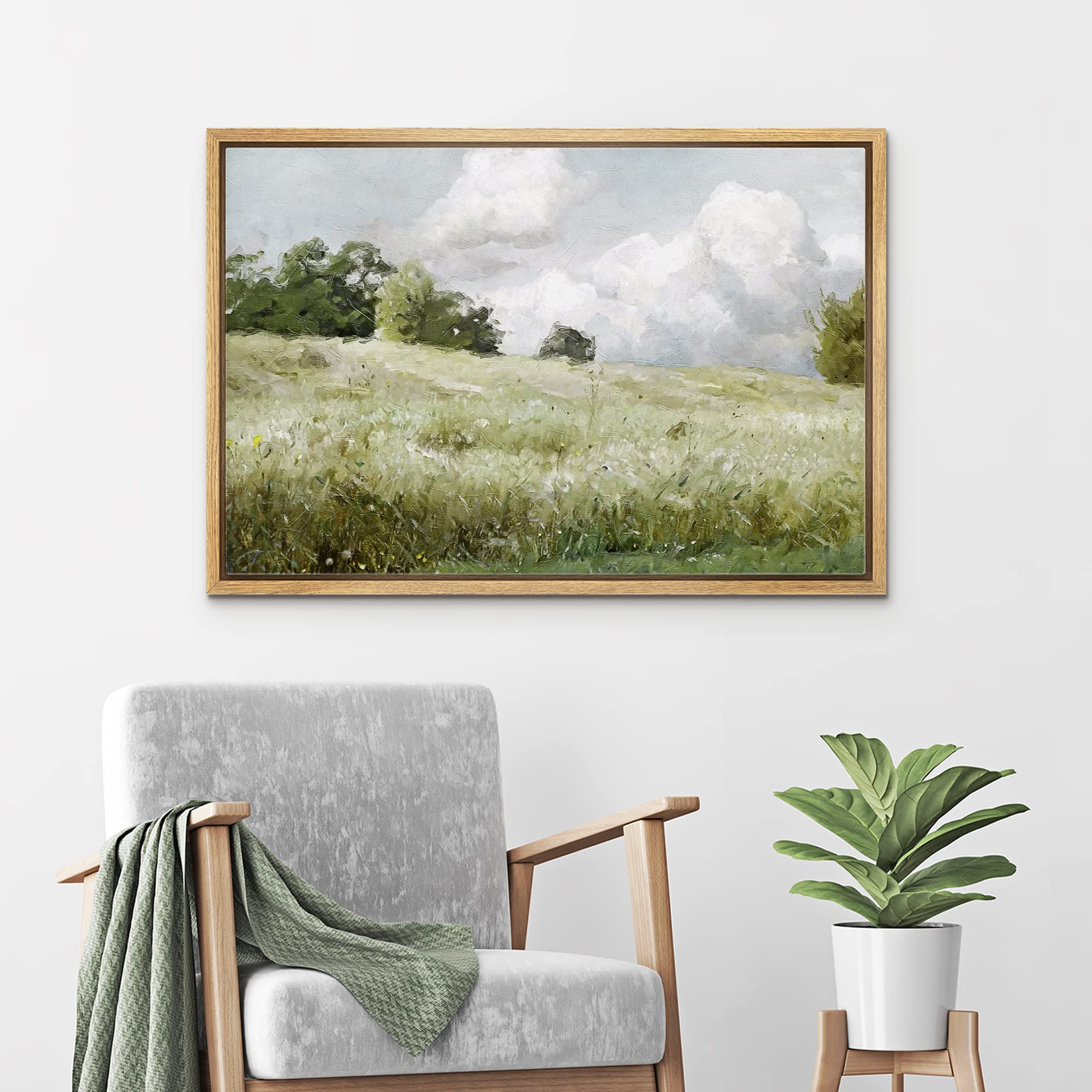 Wall26 Framed Canvas Print Wall Art Green Meadow Under Stormy Clouds Nature Wilderness Illustrations Modern Rustic Colorful Mult