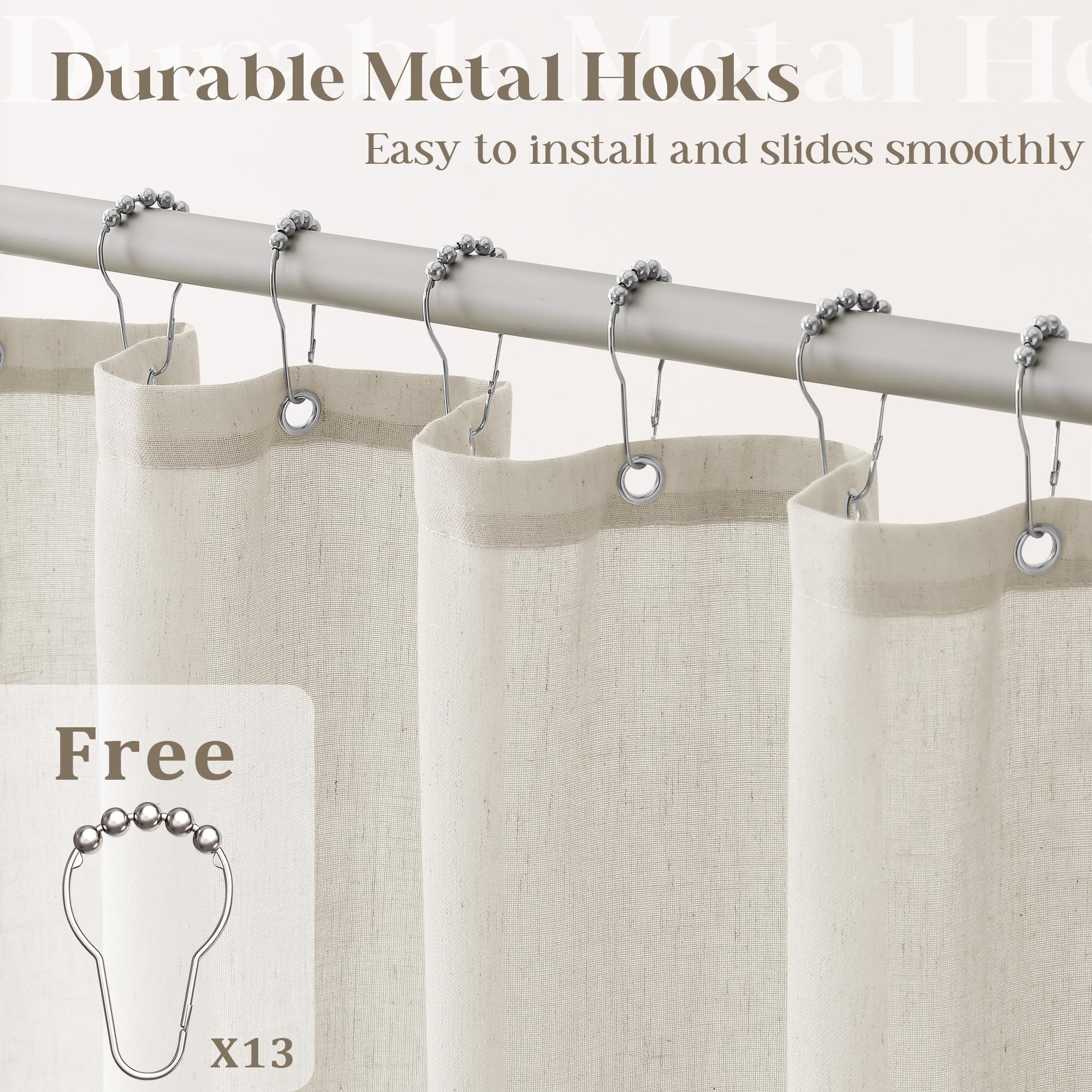 Neutral Linen Shower Curtain For Bathroom With Hooks Water Repellent Earthy Tone Simple Greige Bath Curtain Flax Burlap French C