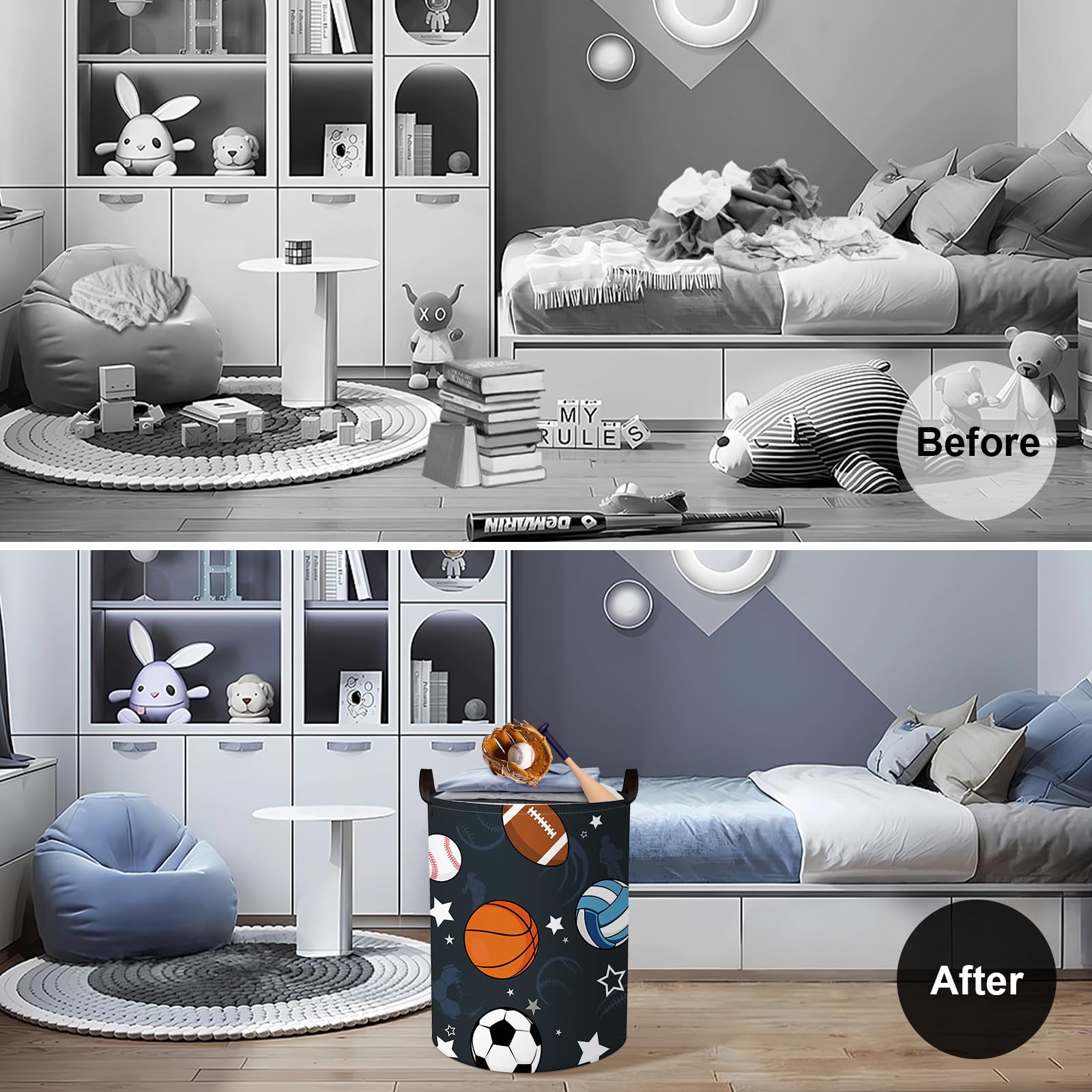 Clastyle 45L Waterproof Sports Laundry Basket With Drawstring Collapsible Football Basketball Storage Laundry Hamper For Bedroom