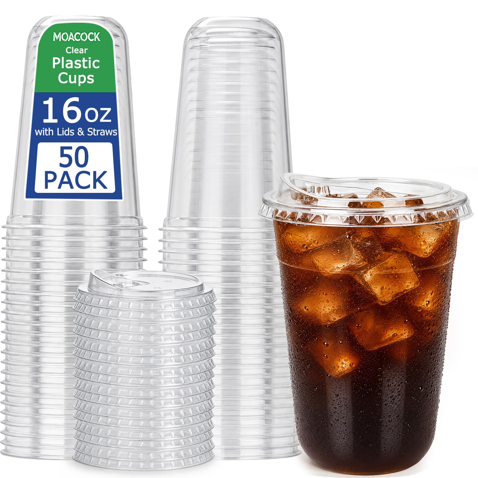 MOACOCK 50 Pack Round Bottom Plastic Cups with Sip Lids  16 oz