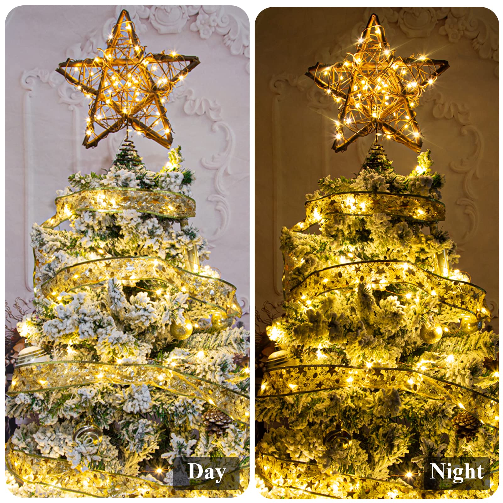 Rattan Natural Star Christmas Tree Topper - Rustic Farmhouse Xmas Treetop with 50 Warm LED Lights for Indoor Christmas Tree Deco