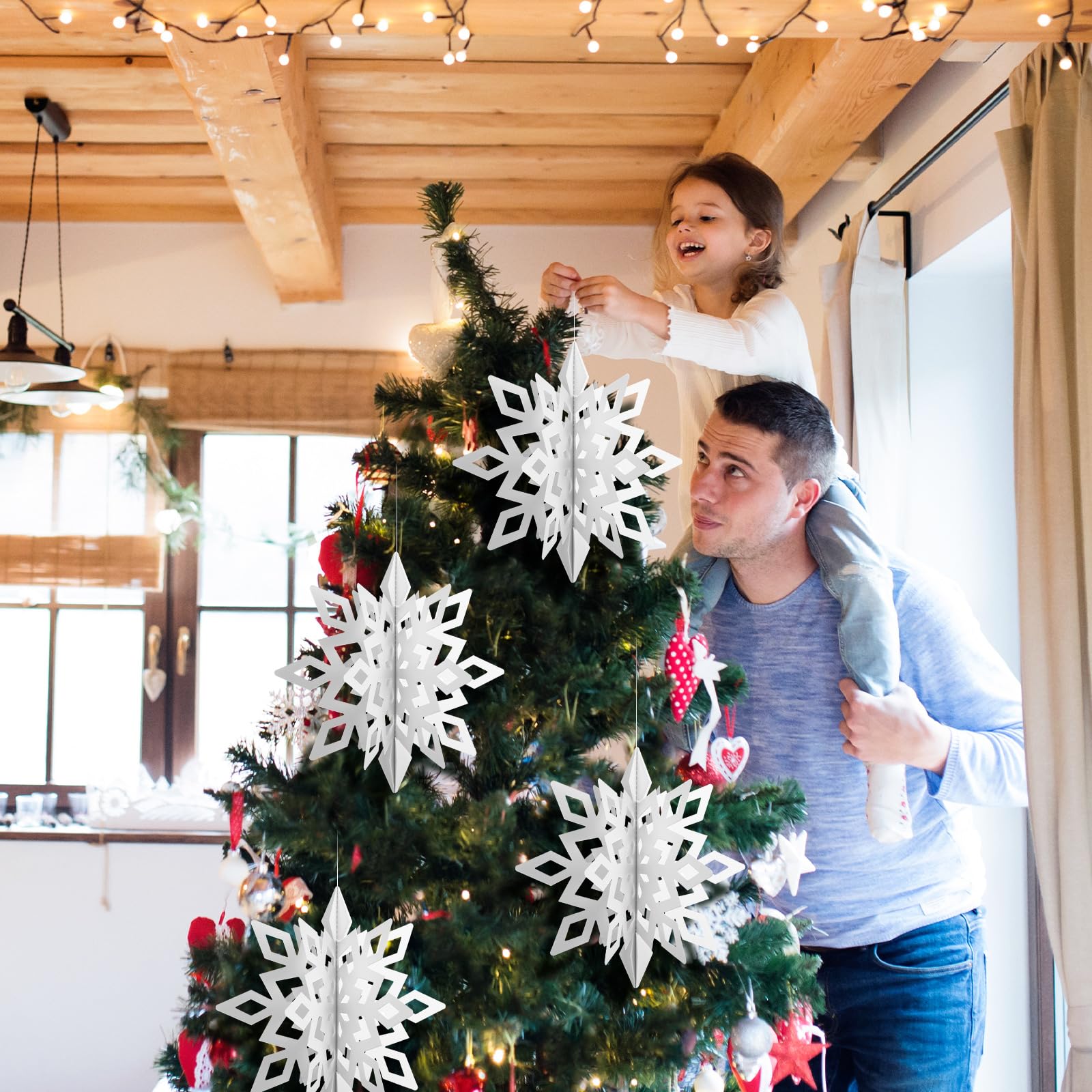 Syhood 6 Pcs 12 Inch Christmas Large Hanging Snowflake Decoration White Winter Outdoor 3D Holographic Paper Giant Craft Snowflak