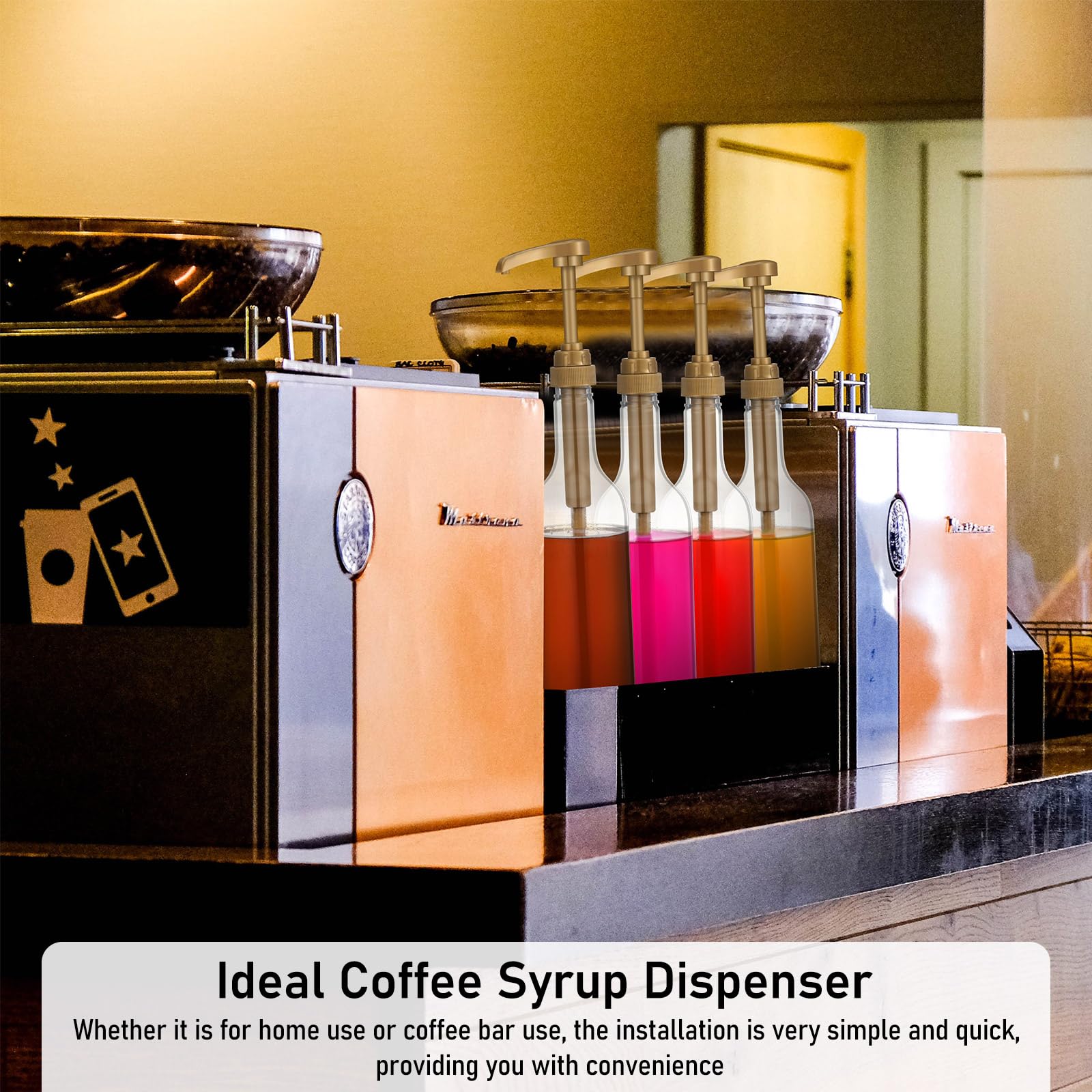 Bokon 4 Pcs Coffee Syrup Dispenser 25.4 Oz 750 Ml Coffee Syrup Gold Pump Bottles With Comprehensive Label Set And Funnel For Cof