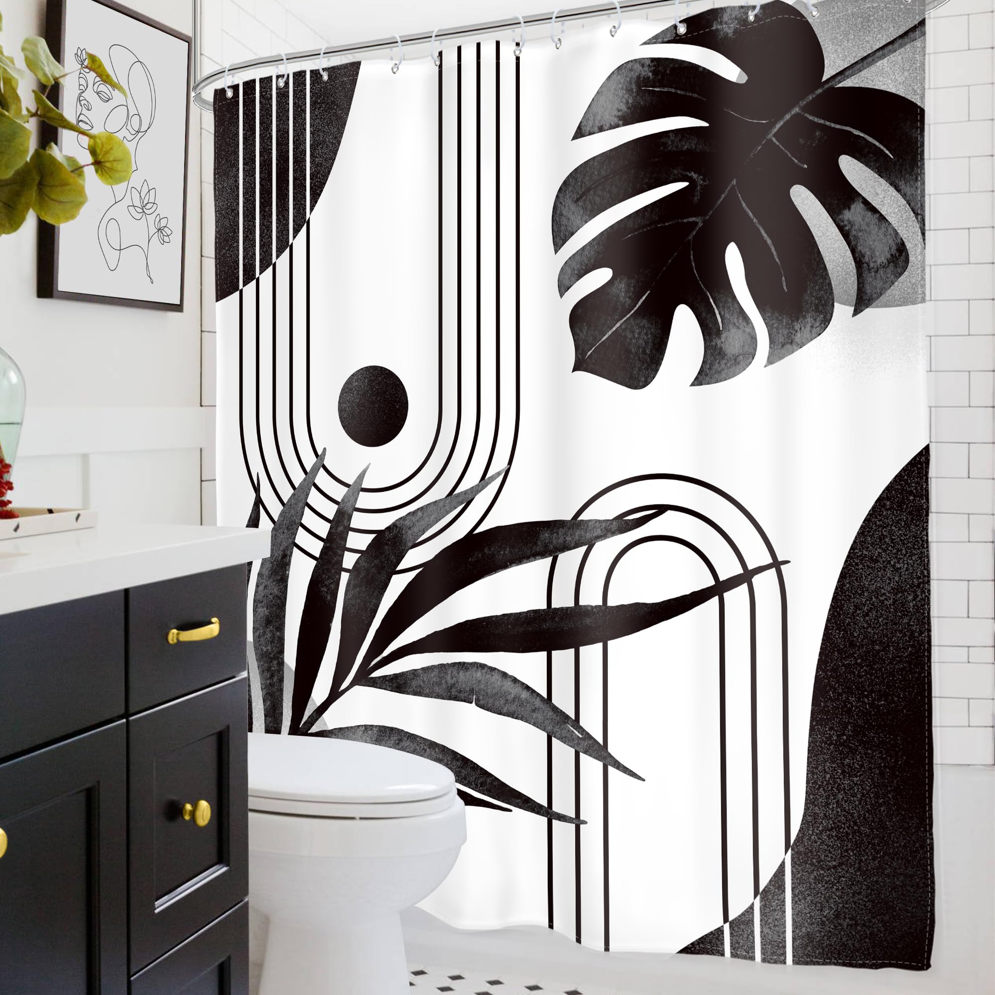 Glawry Boho Black White Shower Curtain Mid Century Abstract Tropical Palm Leaf Modern Minimalist Plant Botanical Bathroom Geomet