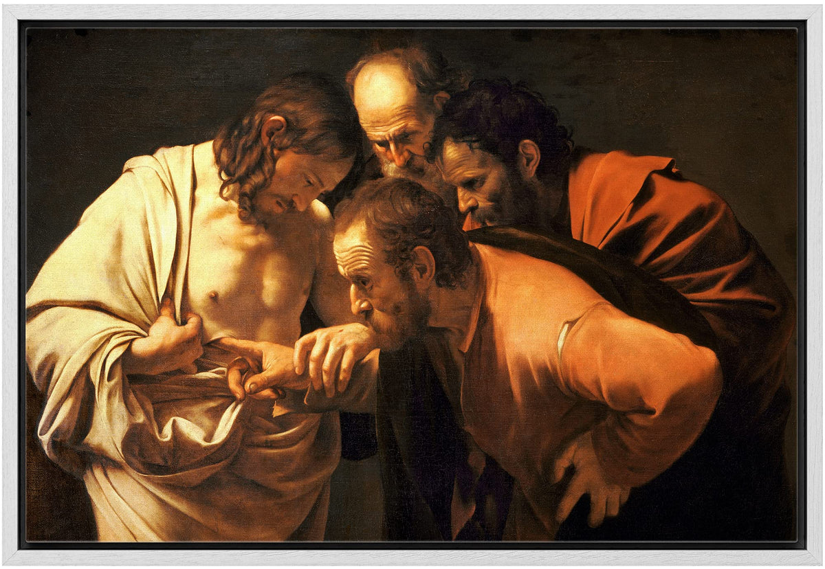 Wall26 - The Incredulity Of Saint Thomas By Caravaggio - Framed Canvas Print Wall Art Famous Painting Reproduction - 16''X24'' W