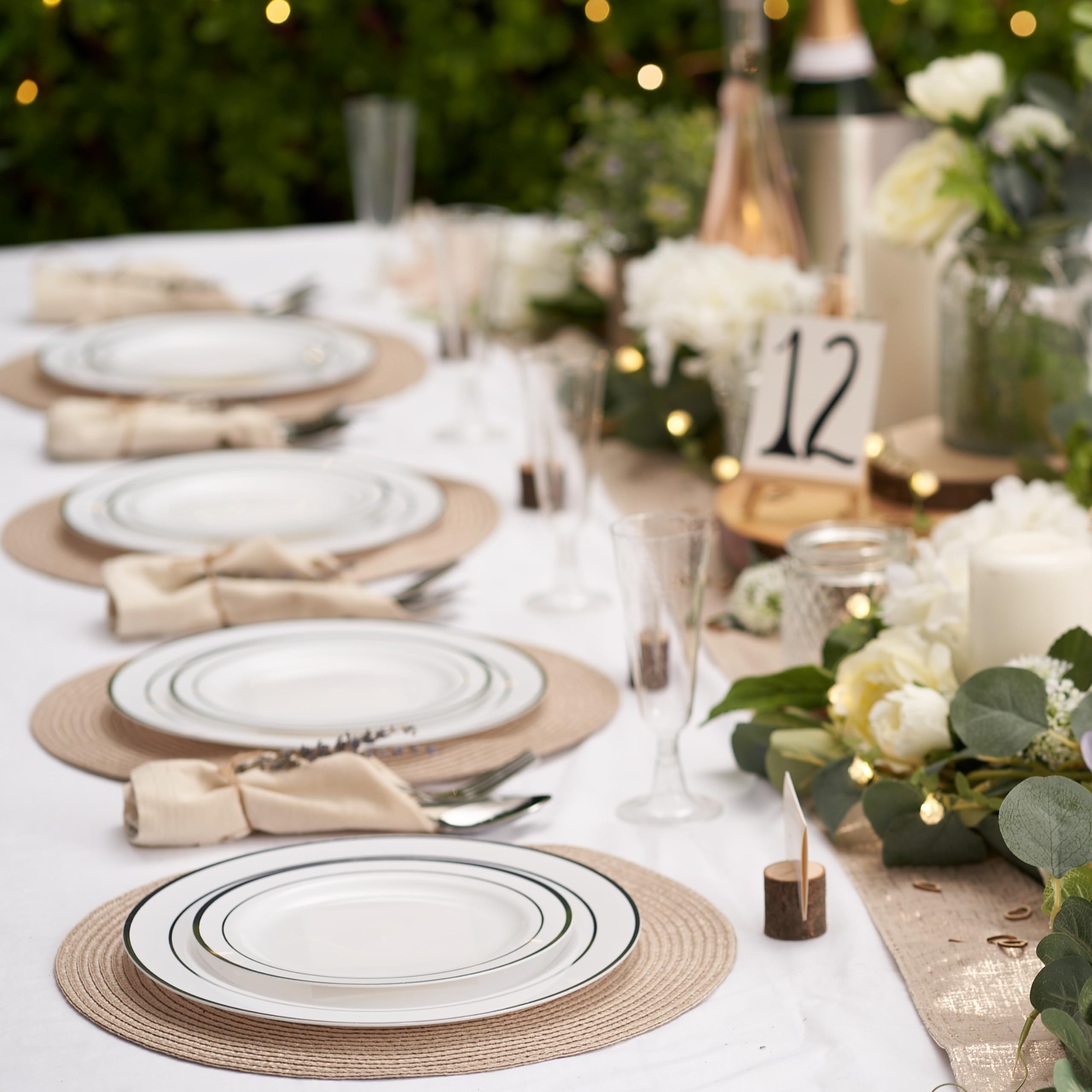 Matana 120 Reusable Sliver Plastic Plates For Party 60 Guests, White And Silver Rim - 60 Dinner Plates 10.25'' Inch, 60 Dessert