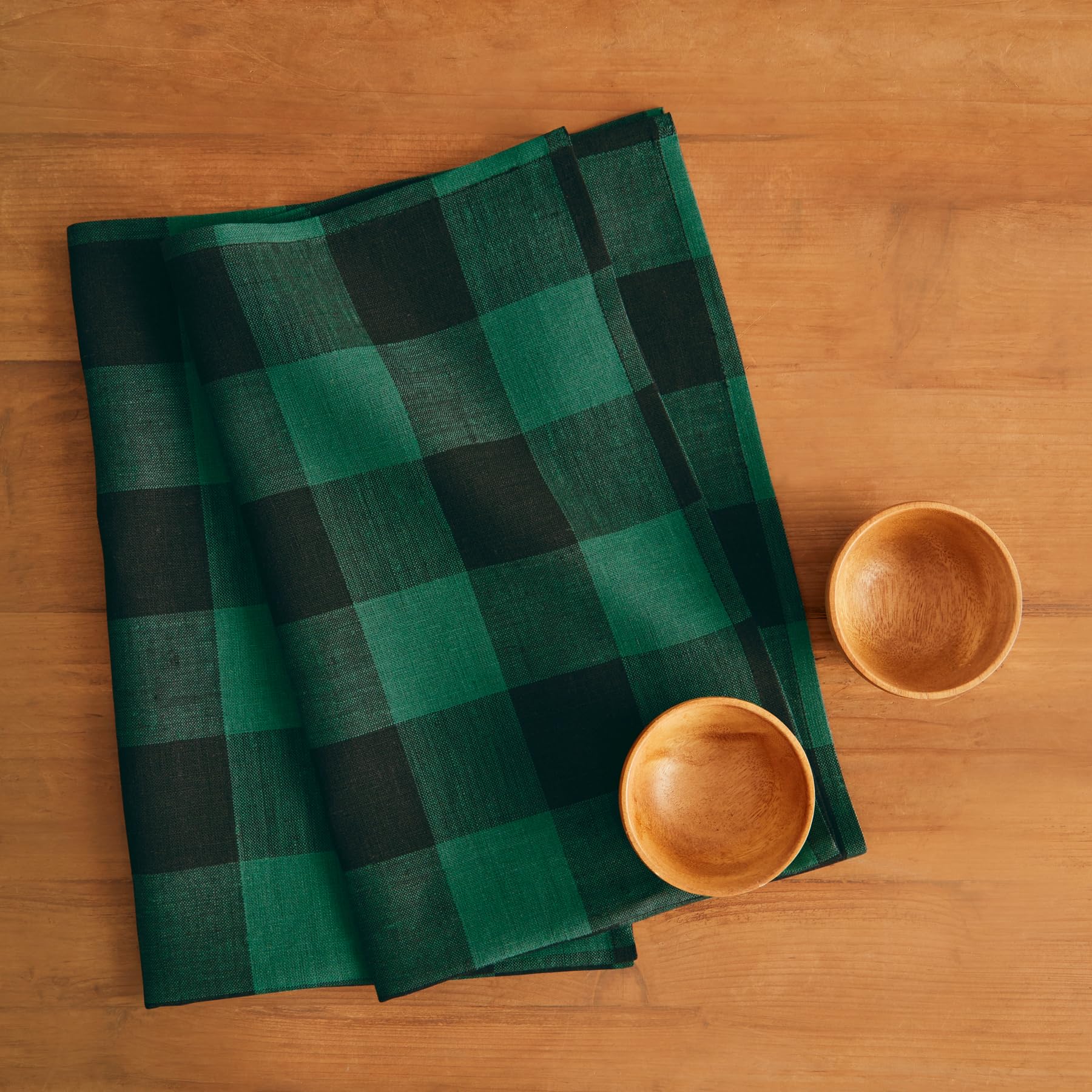 Solino Home Linen Kitchen Towels Set Of 2 - Green And Black 17 X 26 Inch - 100% Pure Linen Buffalo Check Kitchen/Tea Towels - Ma