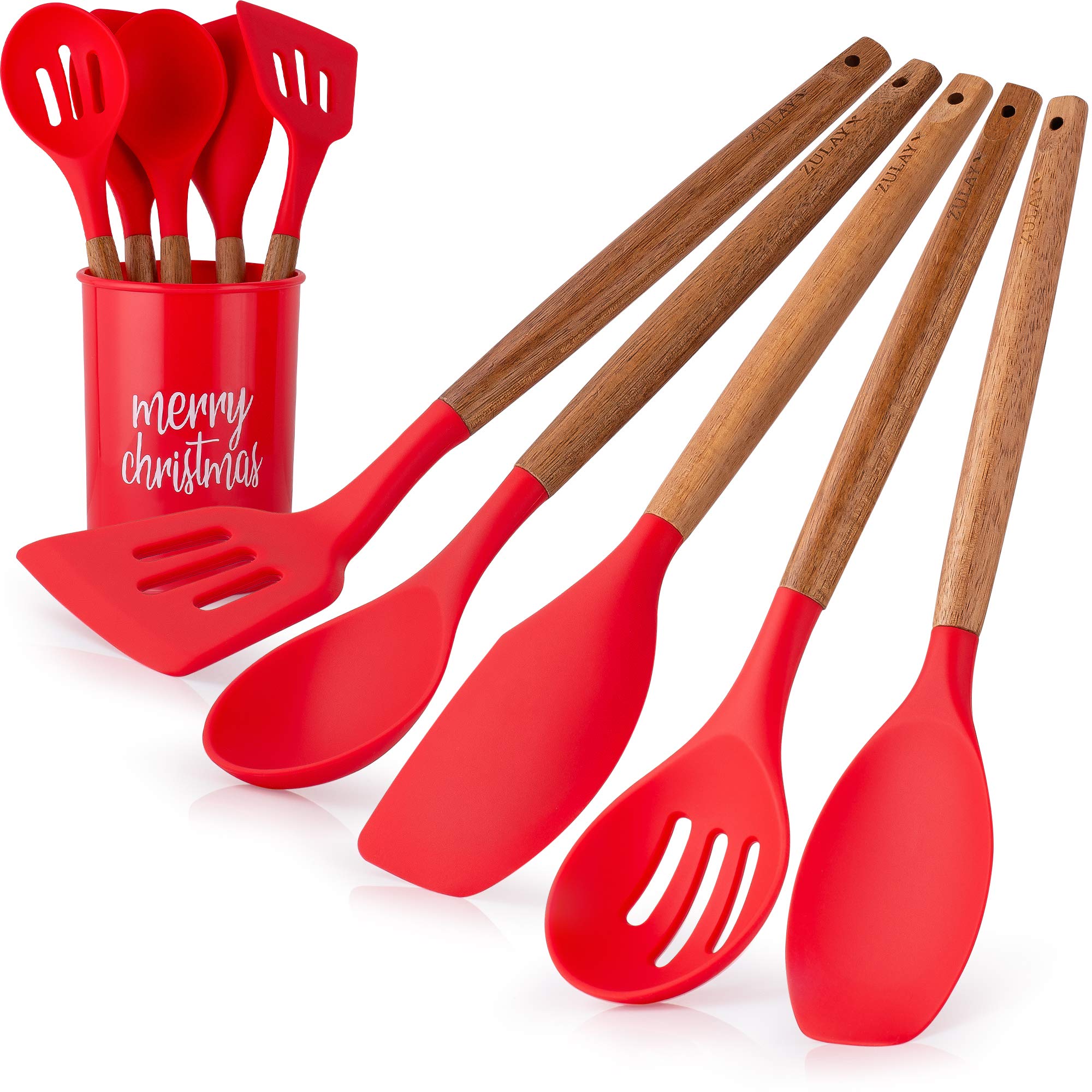 Zulay Kitchen Non-Stick Silicone Utensils Set (5-Piece) With Authentic Acacia Wood Handles & Utensil Holder - Silicone Cooking U