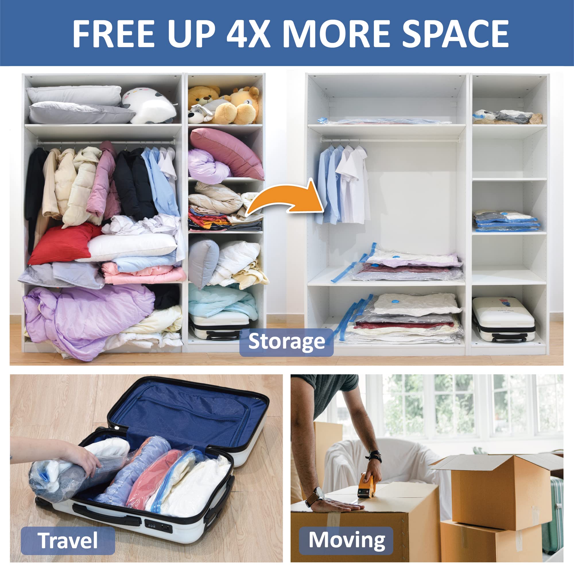 8 Jumbo Vacuum Storage Bags  Space Saver Bags Compression Storage Bags for Comforters and Blankets  Vacuum Sealer Bags for Clothes Storage  Hand Pump Included