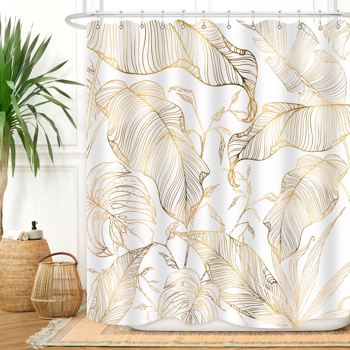 Zxmbf White Gold Tropical Palm Leaves Shower Curtain Abstract Banana Leaf Copper Chic Modern Botanical Plant Nature Aesthetic Ba