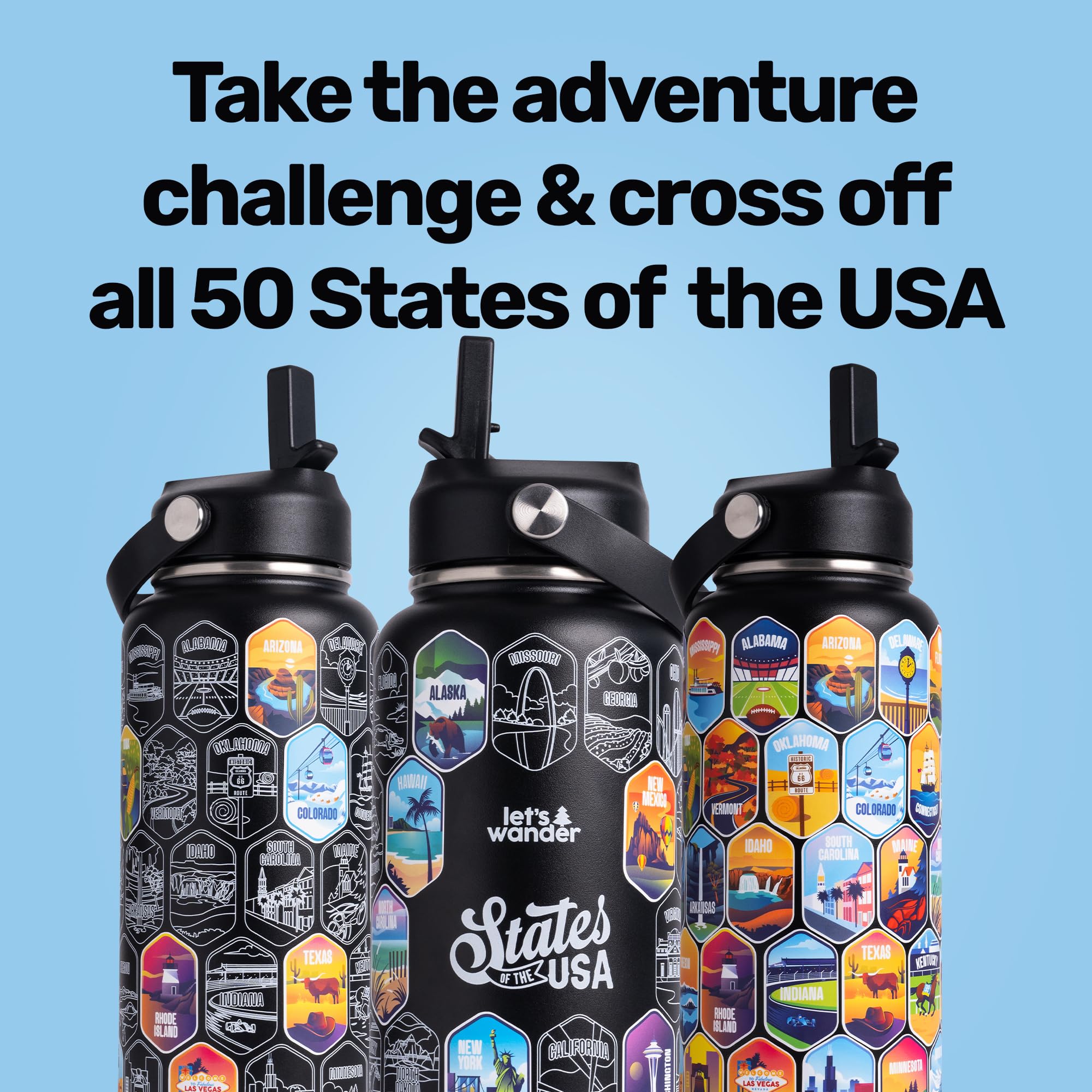 LET S WANDER 50 States Water Bottle with 3 Lids and 50 Waterproof Stickers - 32oz Leakproof Insulated Stainless Steel with Stra