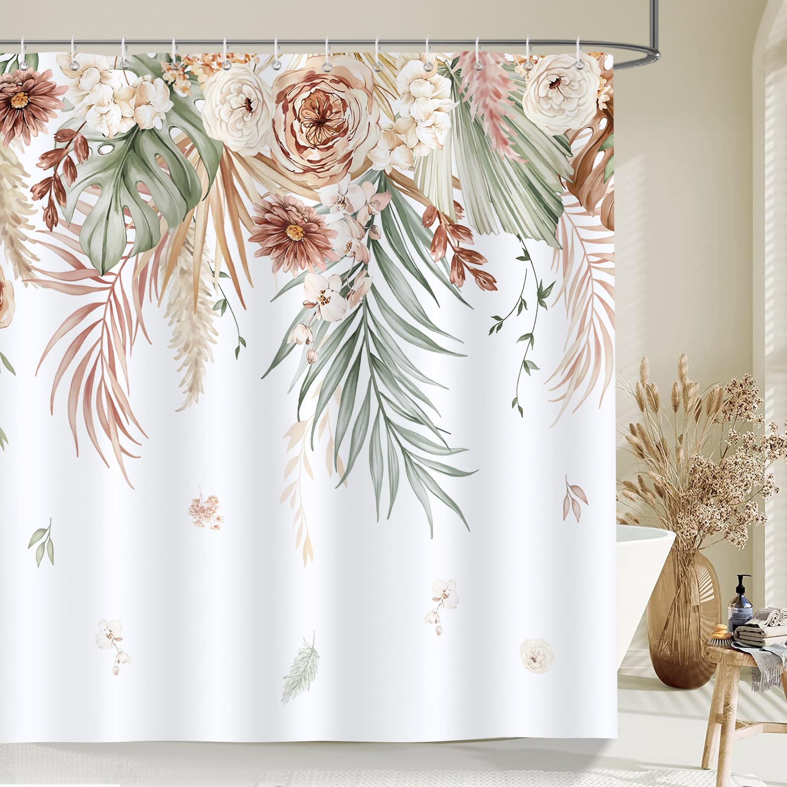 Bonhause Tan Floral Leaf Shower Curtain, Boho Tropical Palm Leaves Farmhouse Bathroom Curtain 72X72 Inch Polyester Fabric Waterp