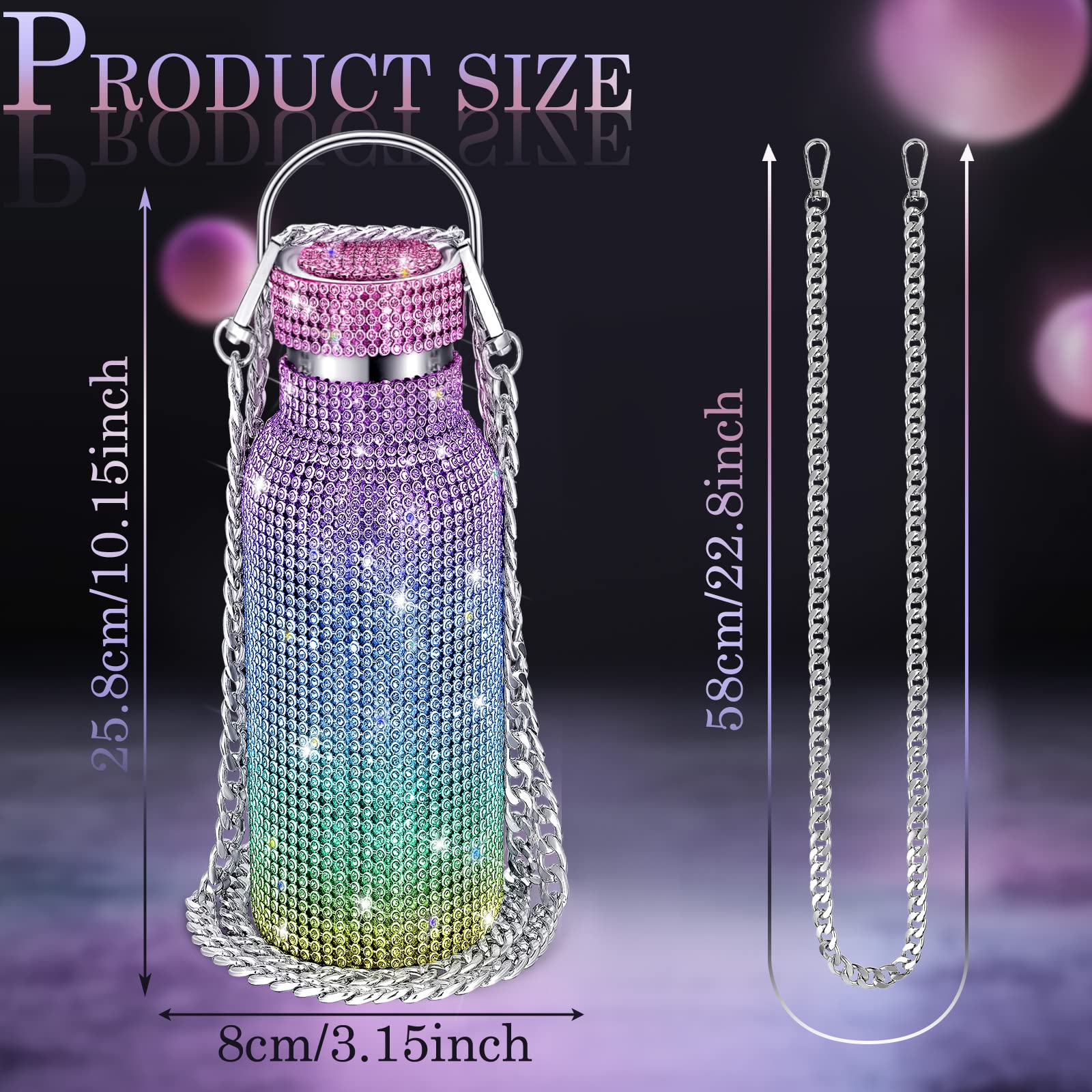 Diamond Water Bottle Bling Rhinestone Stainless Steel Thermal Bottle Refillable ,Insulated , Glitter Water Bottle With Chain For