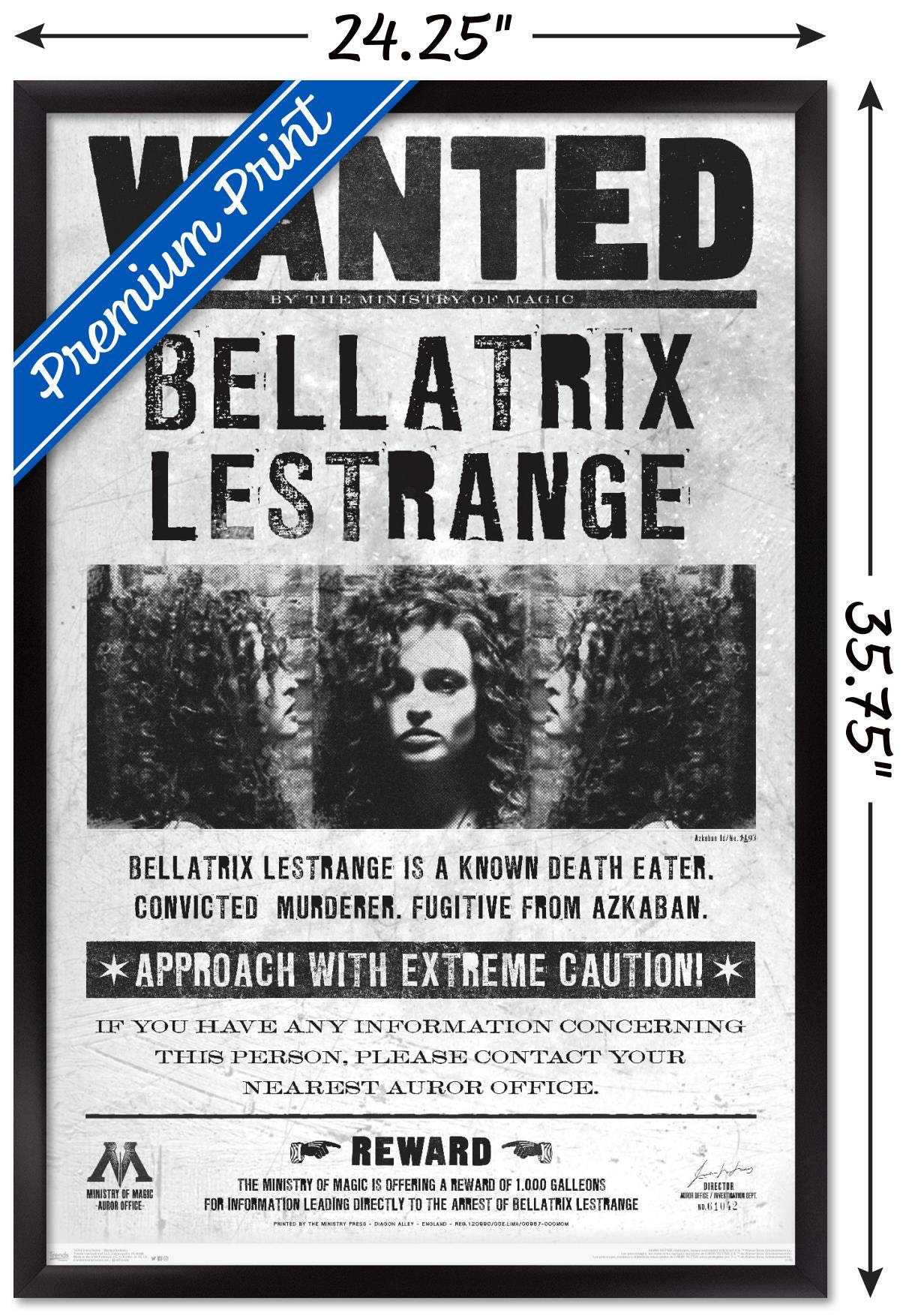Trends International The Wizarding World: Harry Potter - Bellatrix Wanted Poster Wall Poster, 22.375'' X 34'', Black Framed Vers