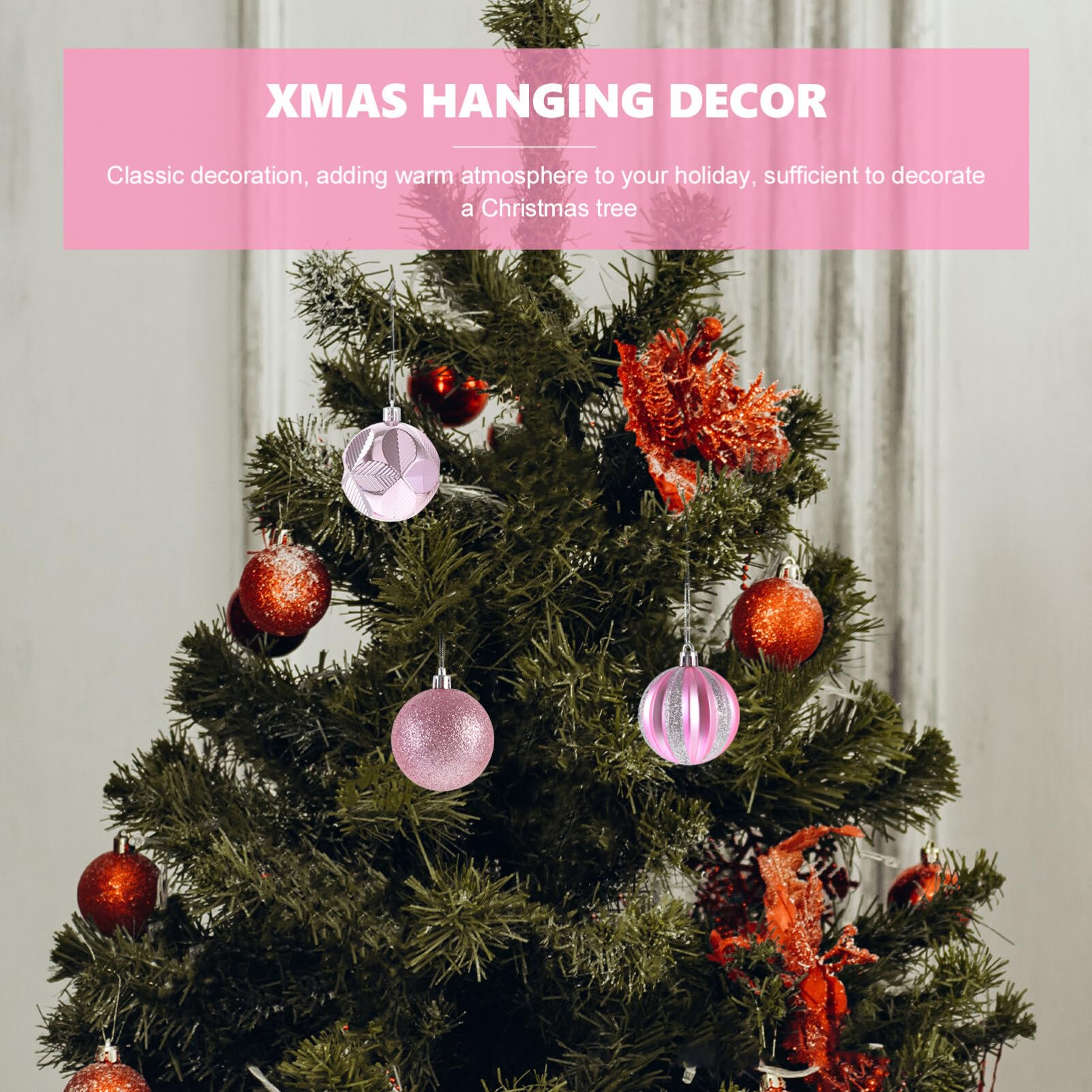 HOMSFOU 12Pcs Pink Christmas Ball Ornaments - 2.36 Inch Shatterproof Xmas Tree Decorations with Hanging Loop for Holiday, Home,