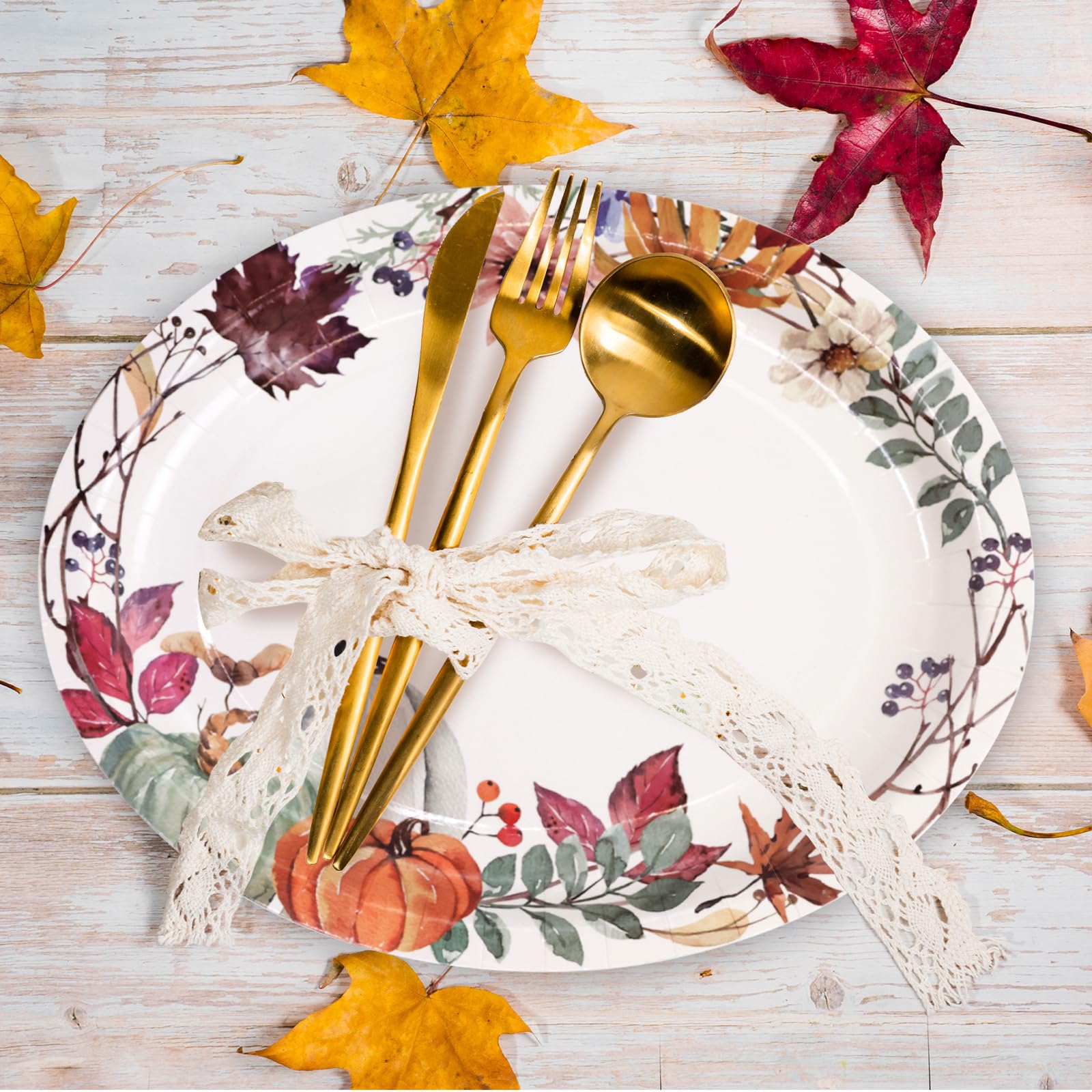 Fancy Land 24 Pcs Fall Pumpkin Oval Paper Plates 10    x 12    Thanksgiving Disposable Dinner Platters Heavy Duty Dinnerware Aut