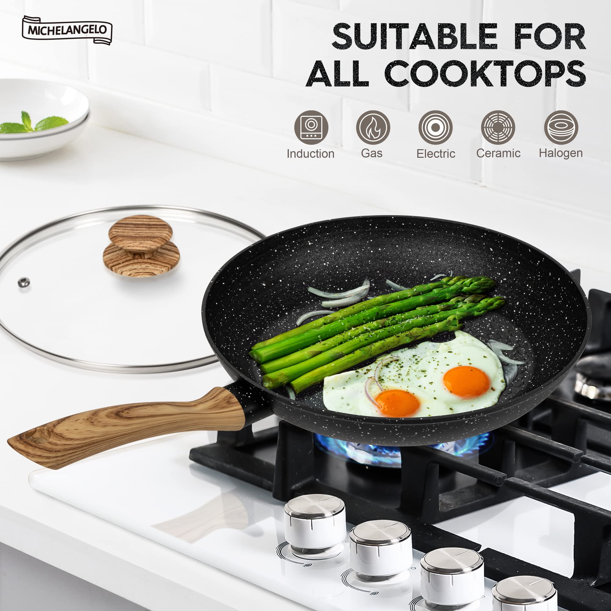 Michelangelo Nonstick Frying Pan With Lid, 10 Inch Frying Pan With Nonstick Honeycomb Coating, Nonstick Fry Pan With Lid, Health