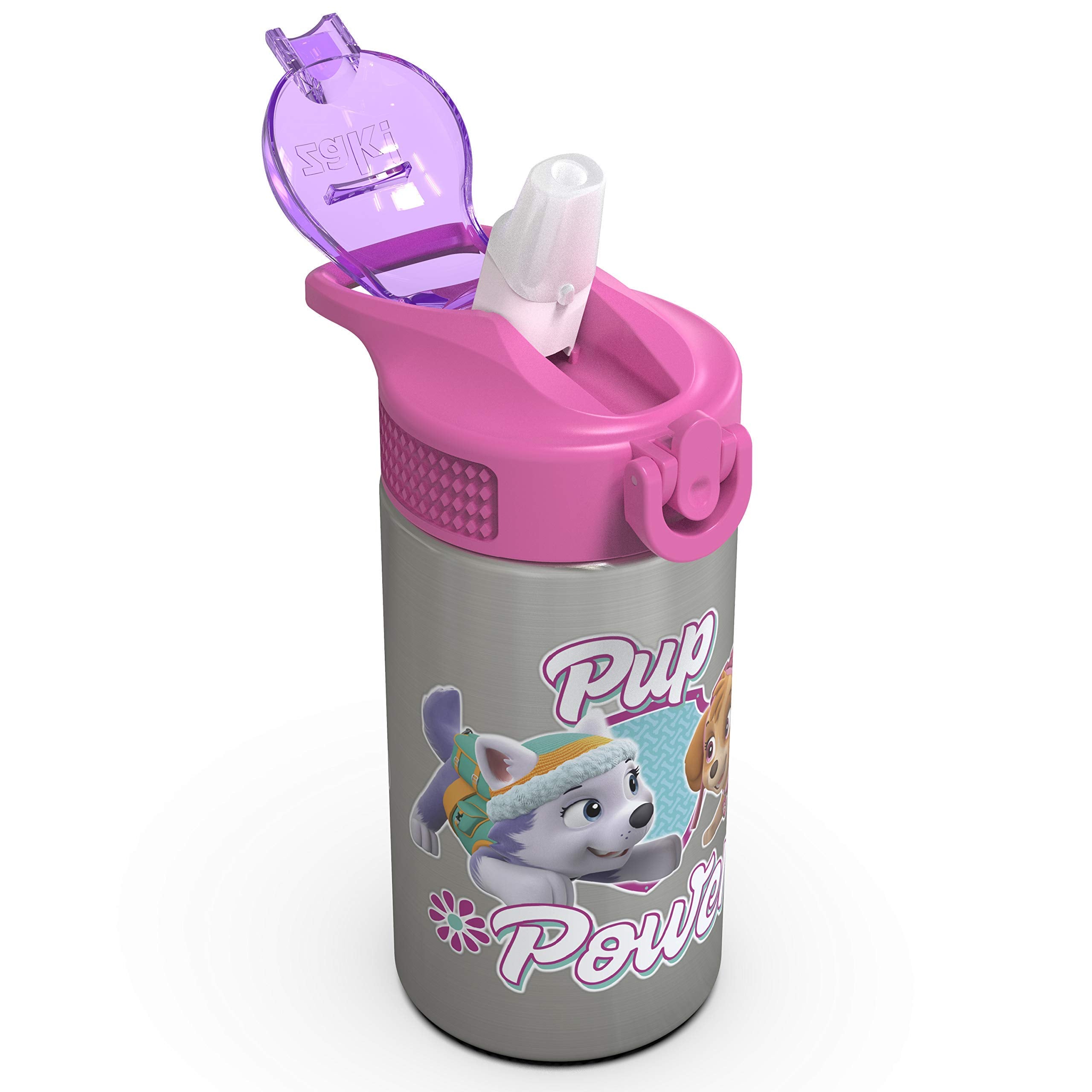 Zak Designs Paw Patrol Skye - Stainless Steel Water Bottle with One Hand Operation Action Lid and Built-in Carrying Loop, Straw