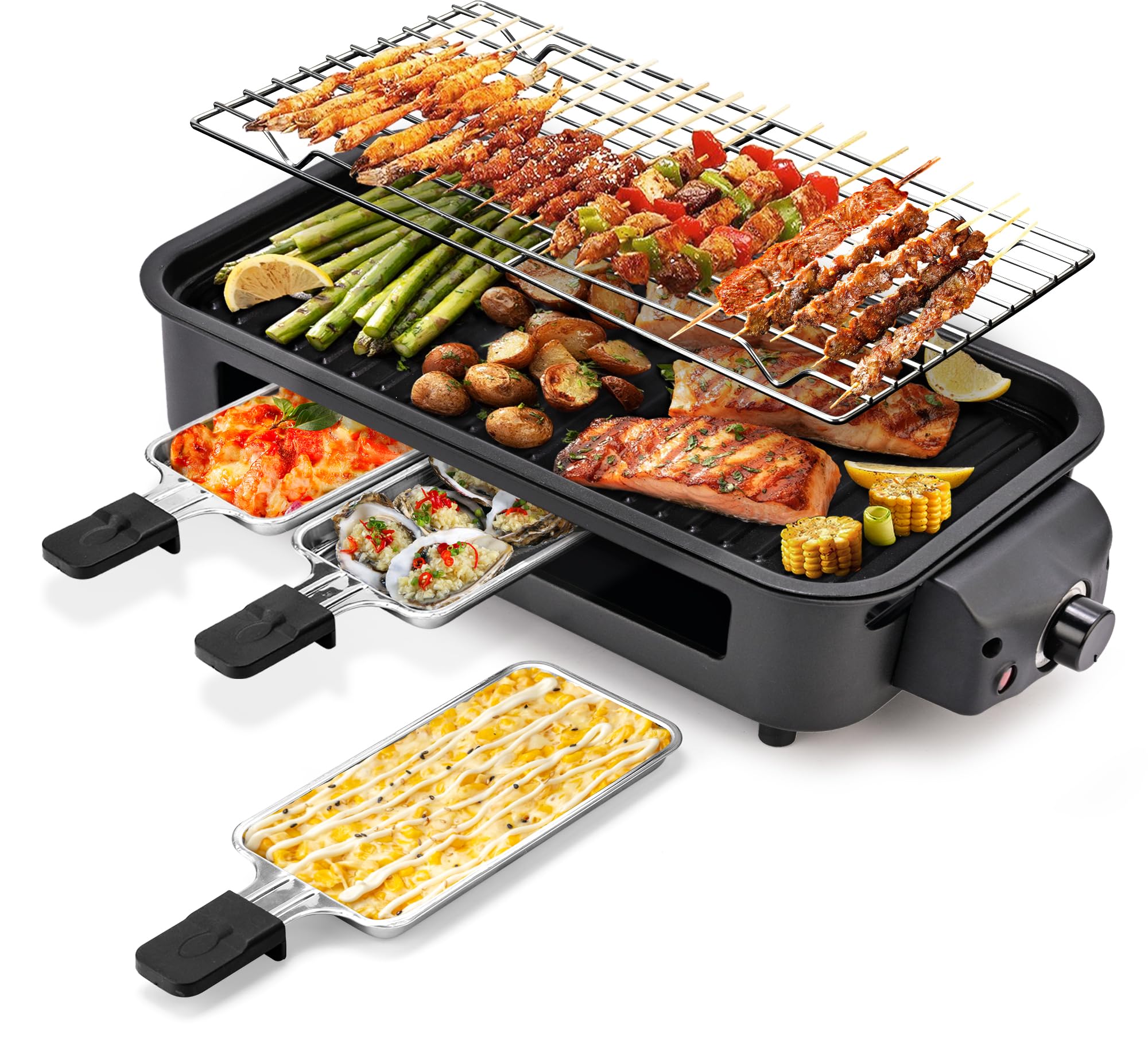 Pukomc Electric Indoor Grill,2 in 1 Indoor Grills for Kitchen with Grill Net & Non-Stick Cooking Removable Plate, Temperature Co