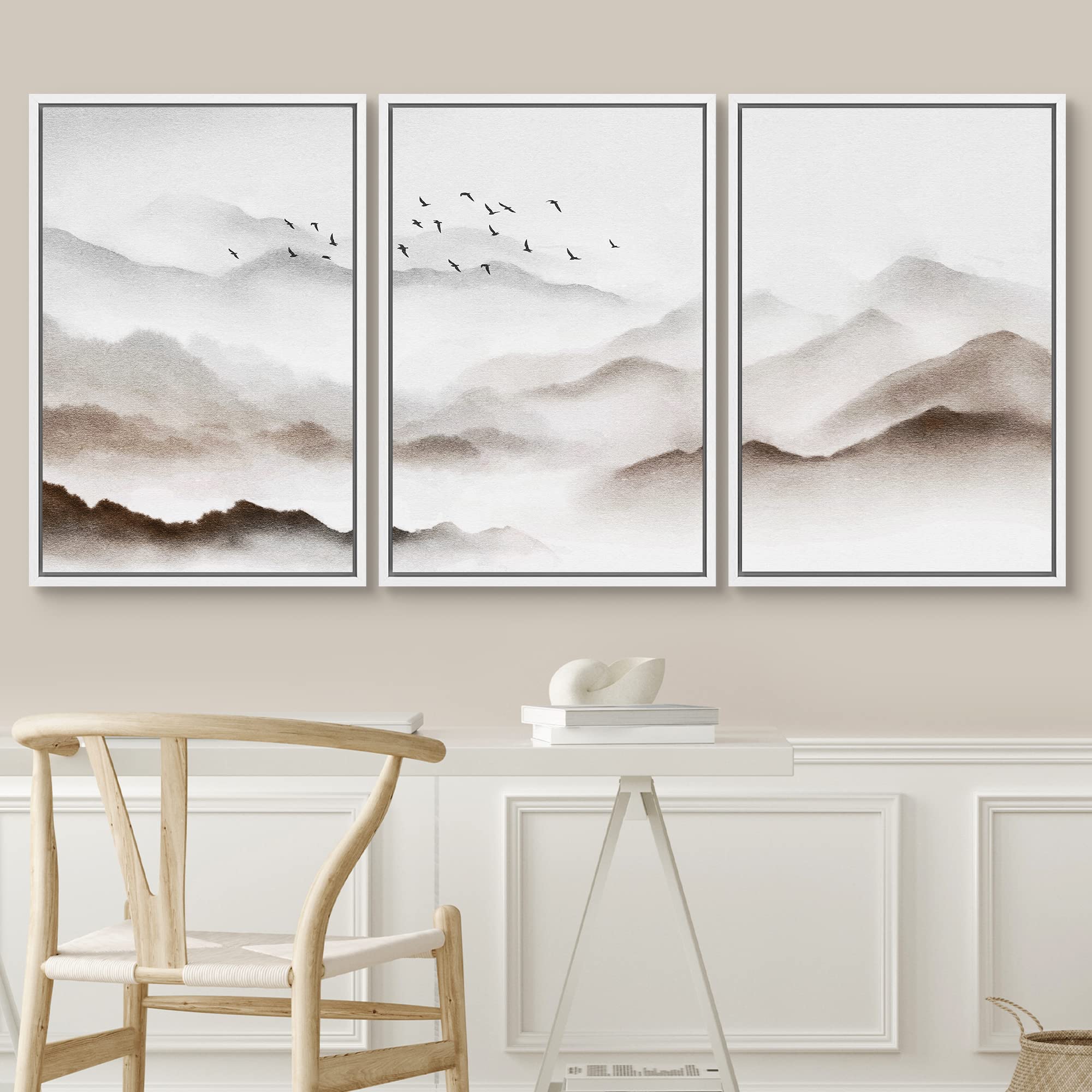 Signwin Framed Canvas Print Wall Art Set Birds Over Pastel Mist Mountain Range Nature Wilderness Illustrations Modern Art Decora