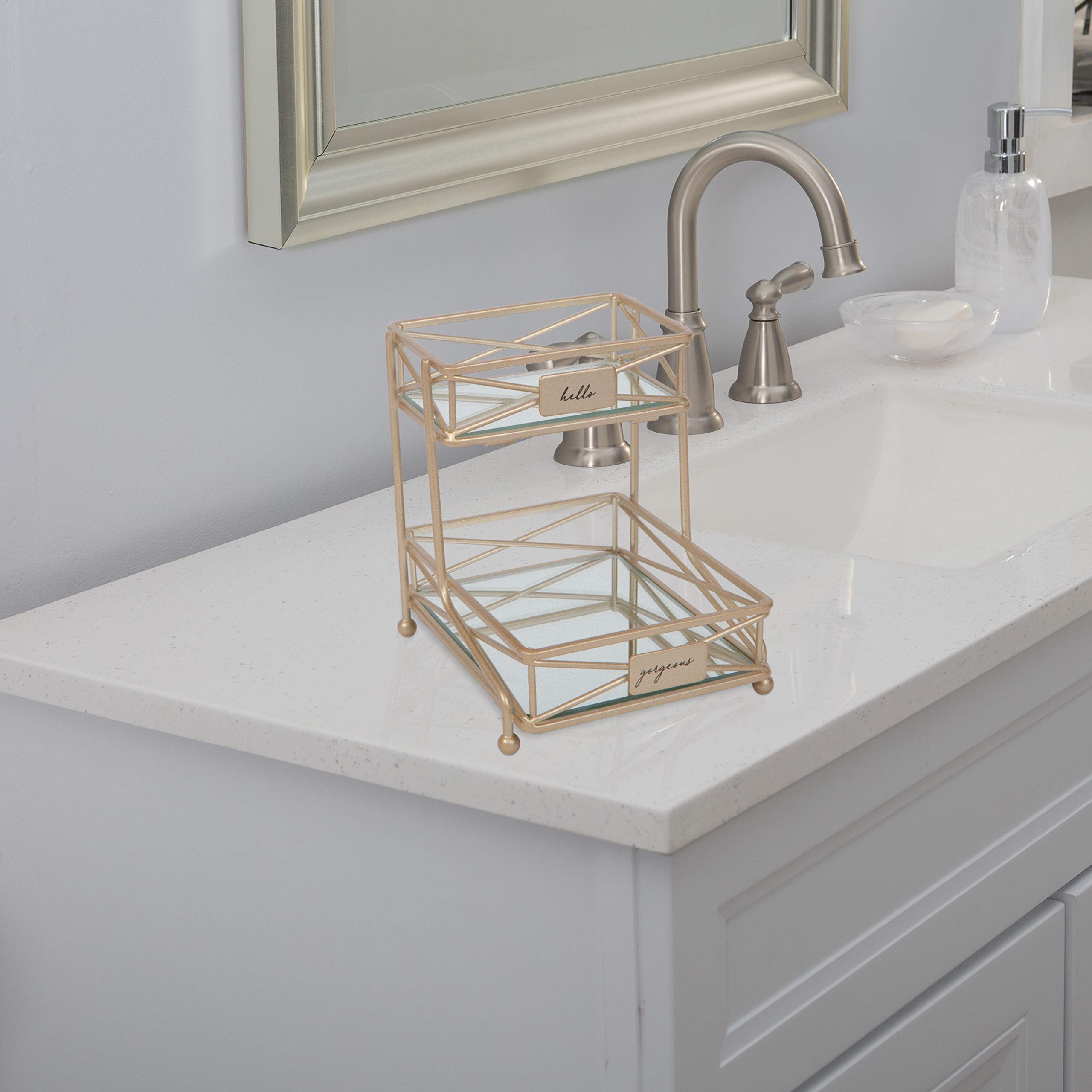 Home Details Satin Gold, Cosmetic Organizer, Bathroom, Jewelry, Perfume Storage, Stylish Decor 2 Tier Sleek Vanity Tower
