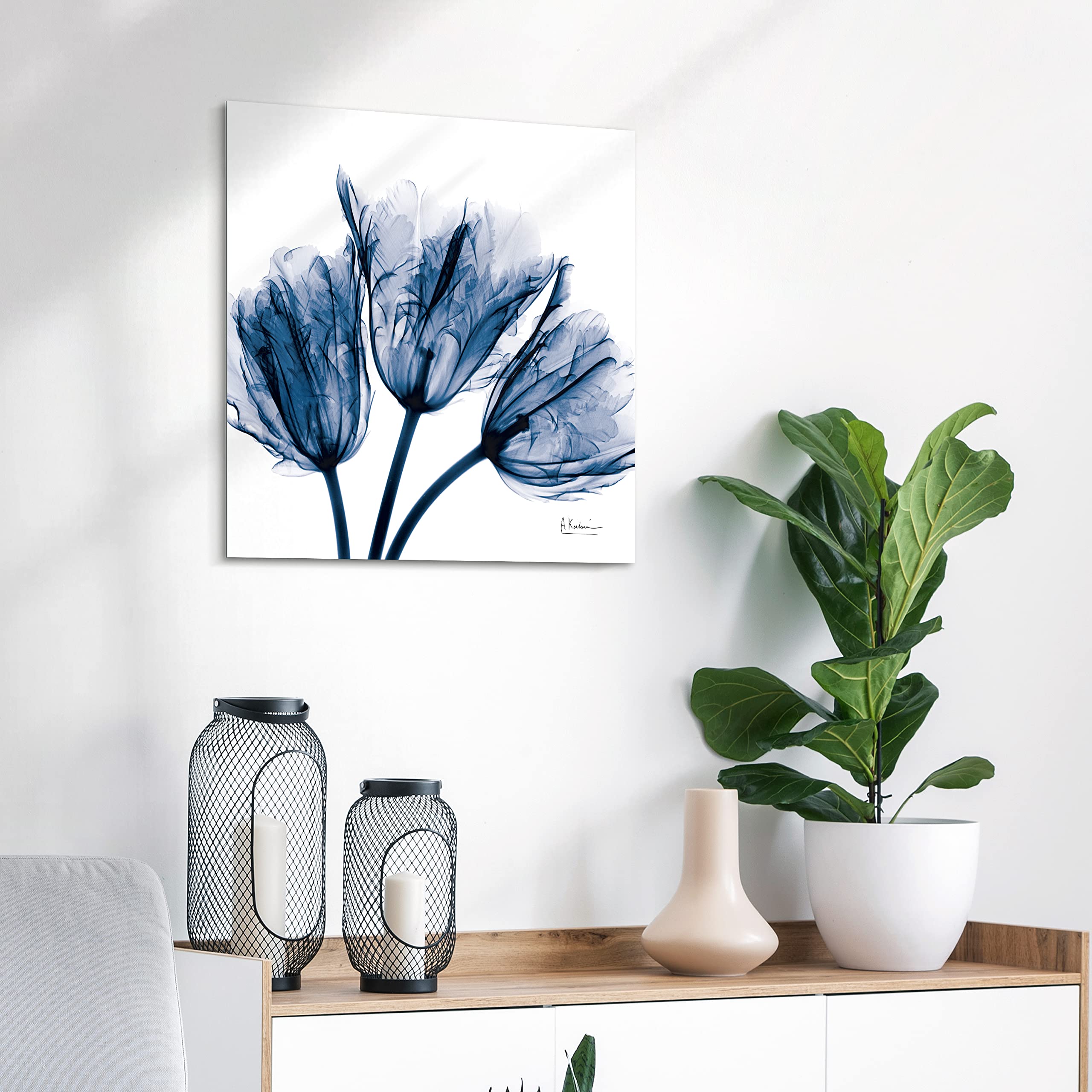 Empire Art Direct - Tmp-Ak011A-2424 Blue Tulip X-Ray Flower Wall Art On Frameless Free Floating Tempered Glass Panel Ready To Ha