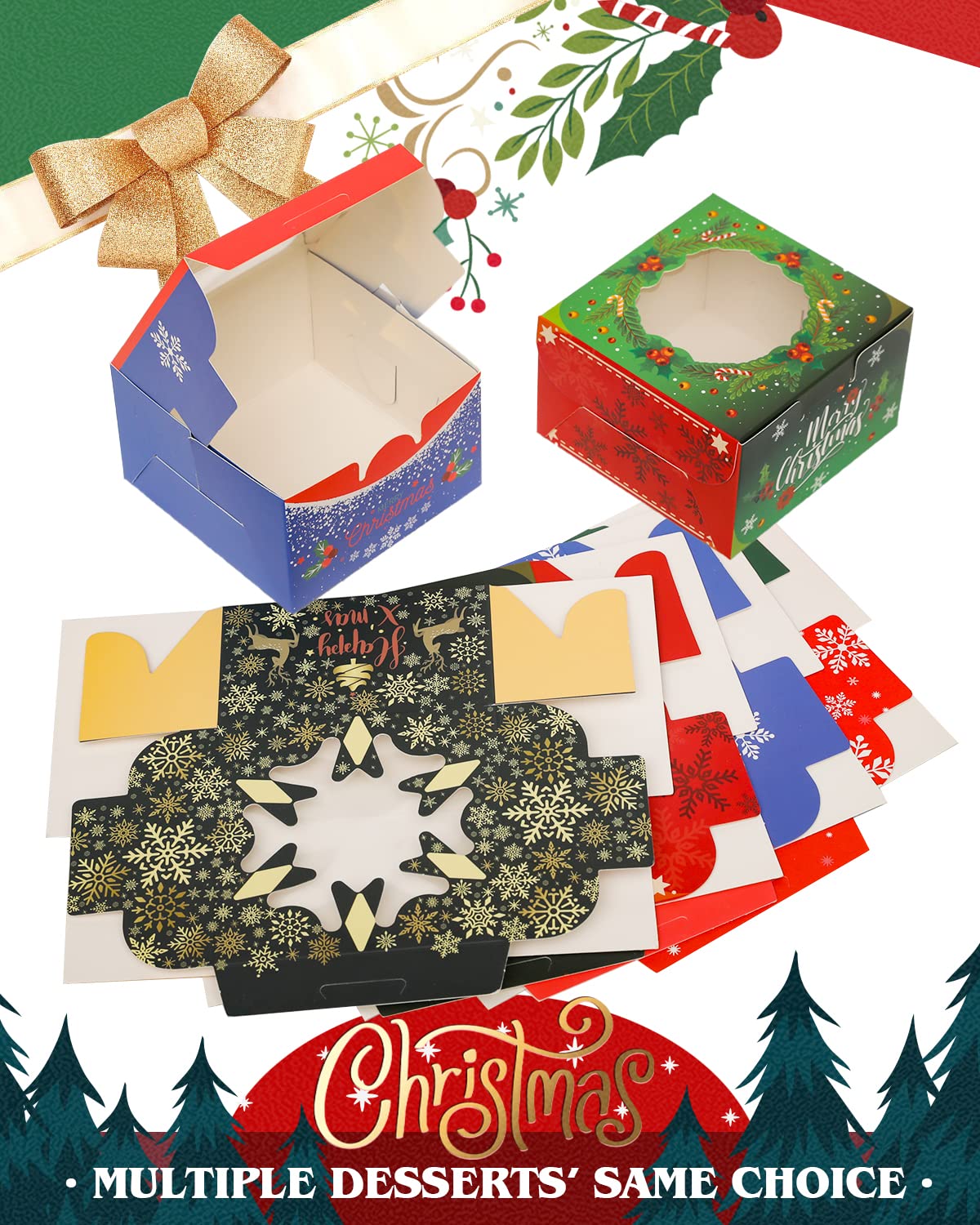 Qiqee Christmas Bakery Boxes With Window 4*4*2.5Inch/55Packs Mini Cookie Boxes Macaron Boxes Small Donut Pastry Boxes For Christ