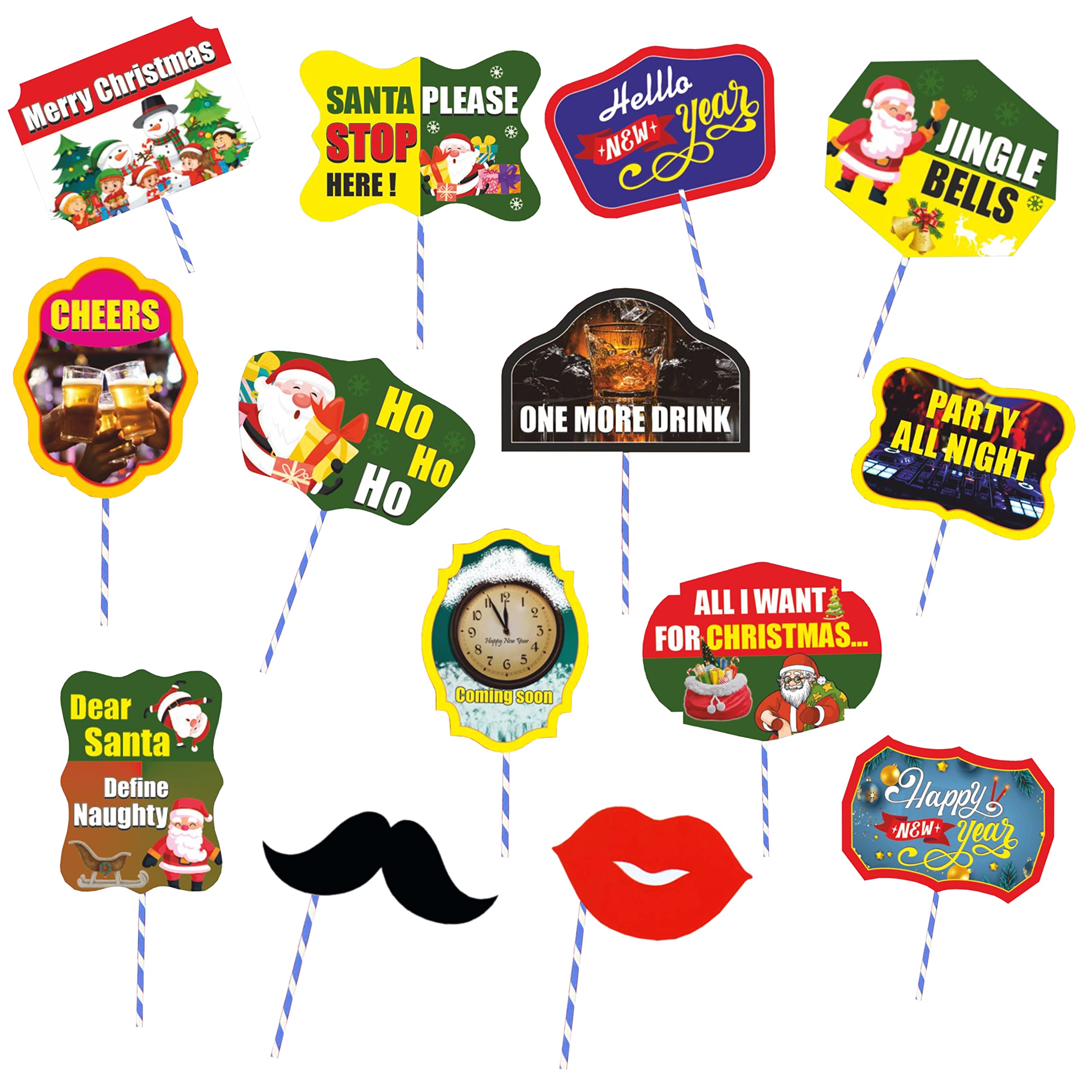TOYXE Happy New Year and Merry Christmas Party Photo Booth Props Set of 14 Pcs