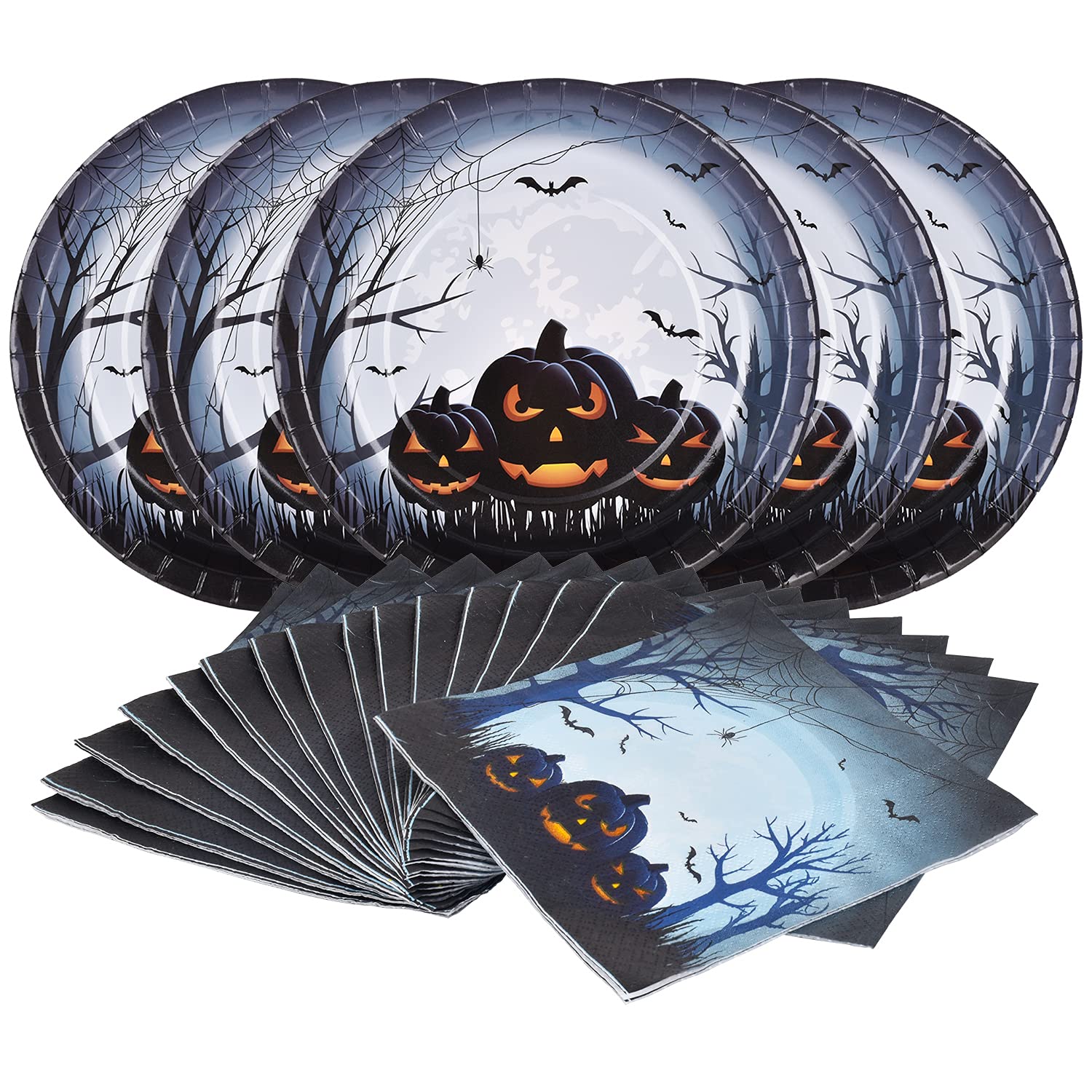 Gatherfun Halloween Party Supplies Anger Black Pumpkin Disposable 10 Inch Big Paper Plates And Paper Napkins For Spooky Hallowee