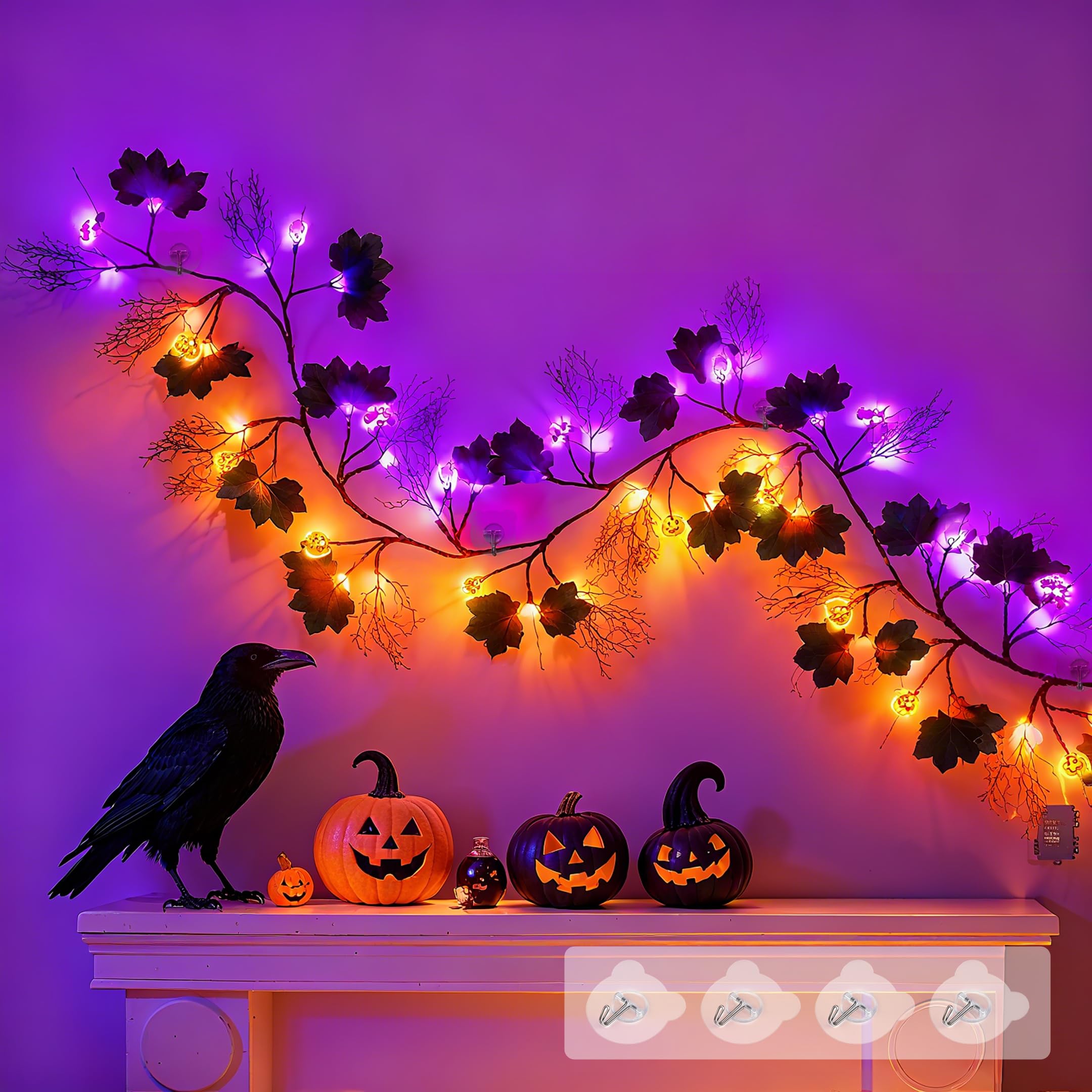 kuaima Halloween Light up Garland with 54 Purple and Orange LED Lights, 6.56 FT Lighted Willow Vine Twig Battery Operated for In