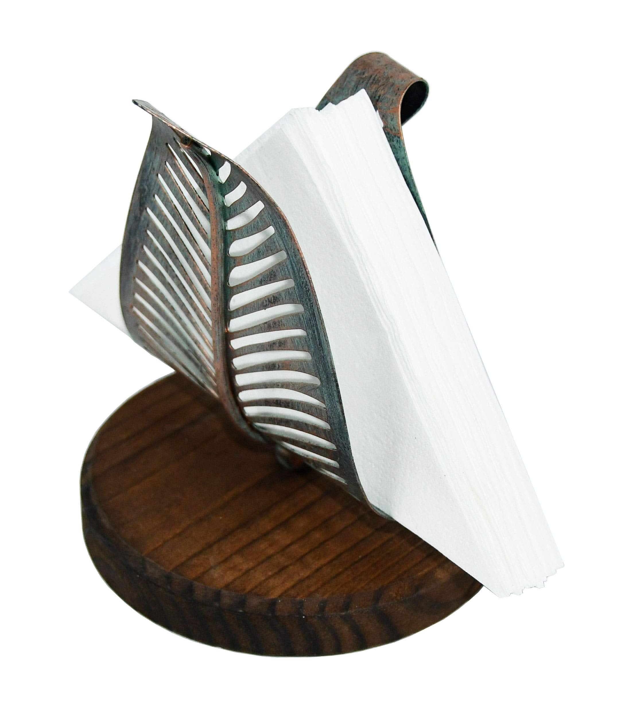 OwlGift Freestanding Modern Napkin Holder w/Golden Turquoise Metal Leaf & Brown Wooden Base Design  Tabletop Tissue Dispenser  Napkin Storage Organizer