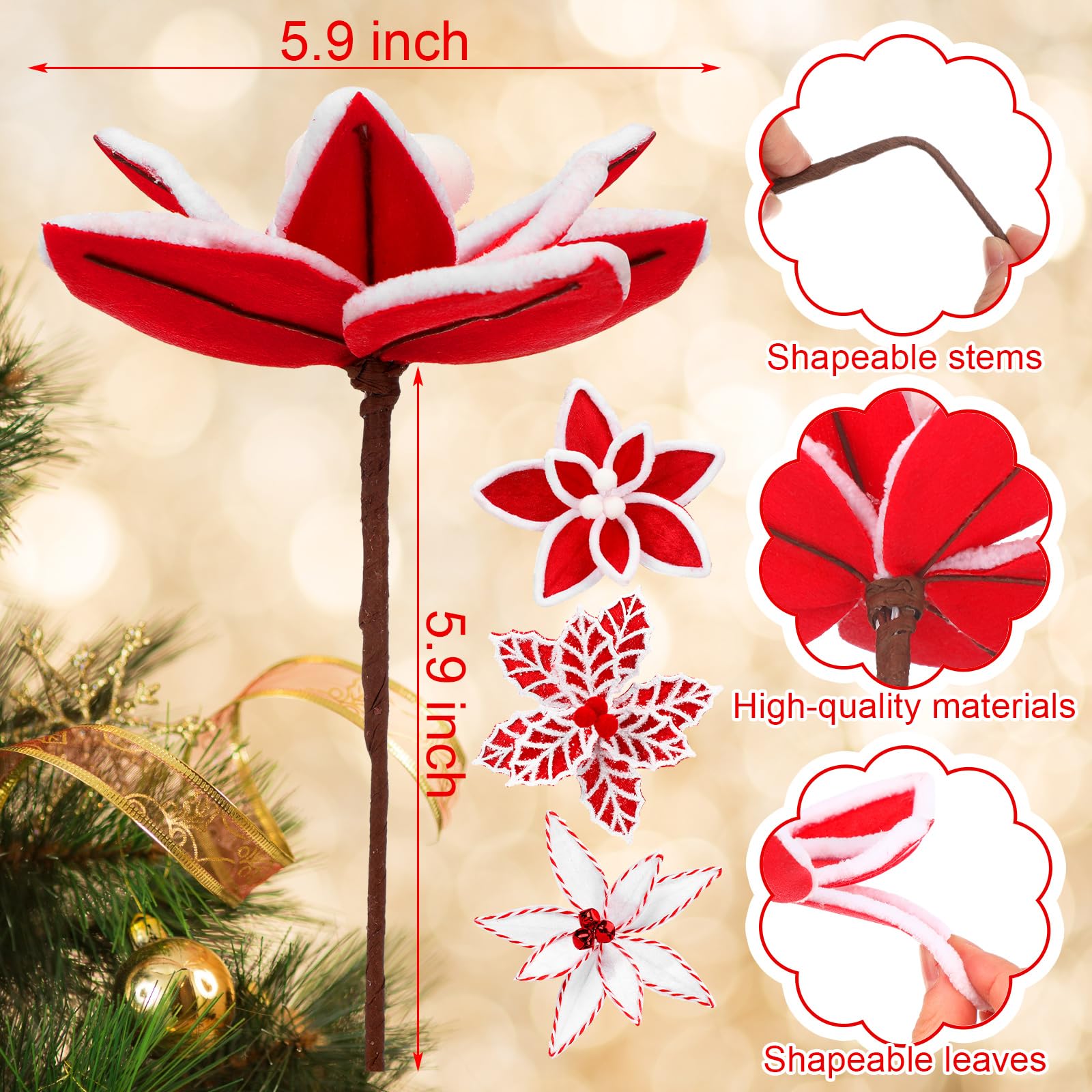Bucherry 12 Pcs Red and White Christmas Ornaments Tree Decorations, Silk Christmas Poinsettia Artificial Flowers with Clips Stem