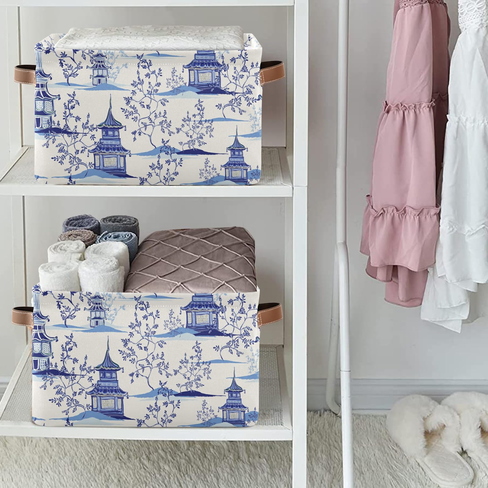 Susiyo Large Closet Storage Bin Pagodas Chinoiserie Fabric Storage Baskets Collapsible Decorative Baskets Organizing Basket Bin