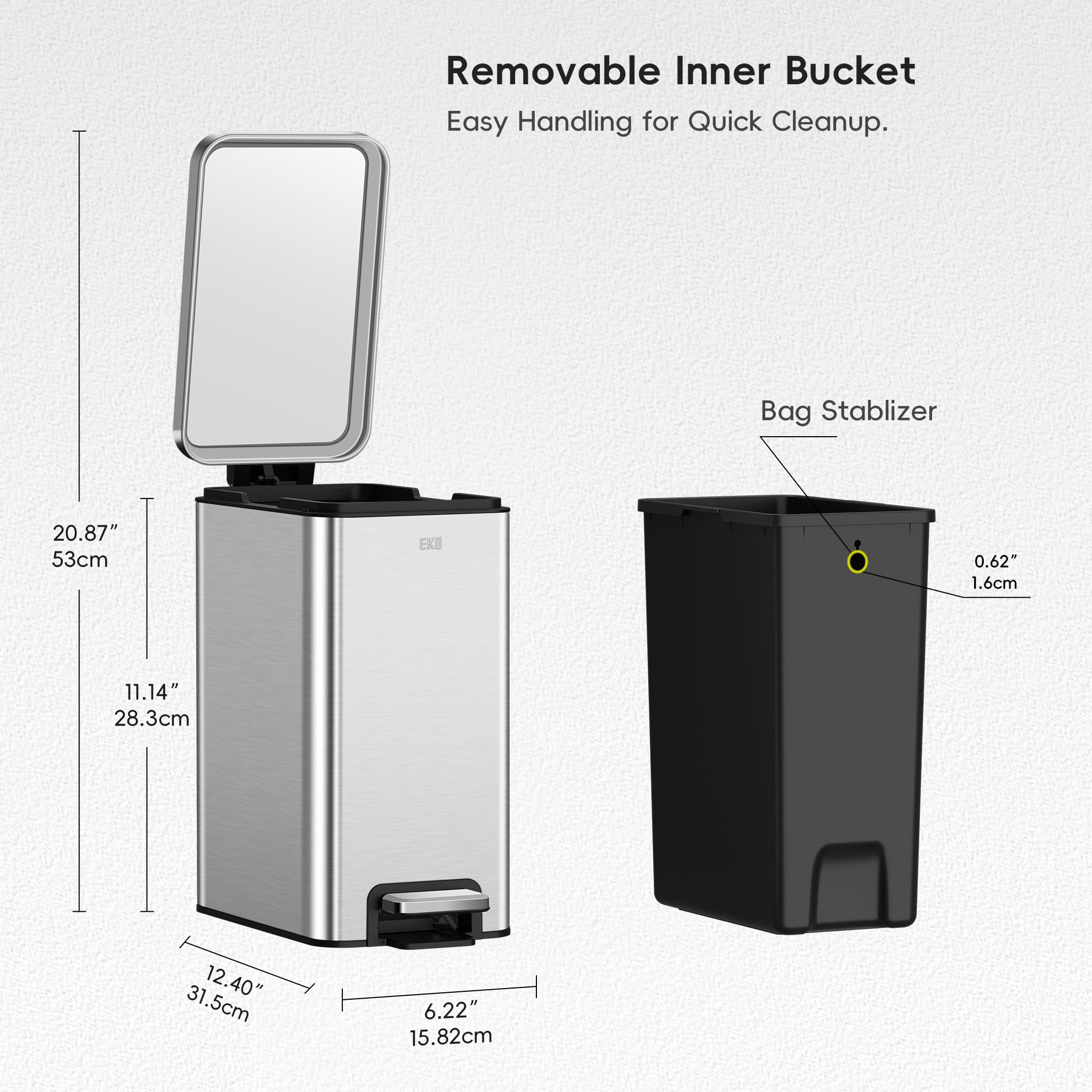 Eko Small Bathroom Trash Can With Lid Soft Close, Step Pedal, 6 Liter / 1.6 Gallon Stainless Steel Garbage Can With Removable In