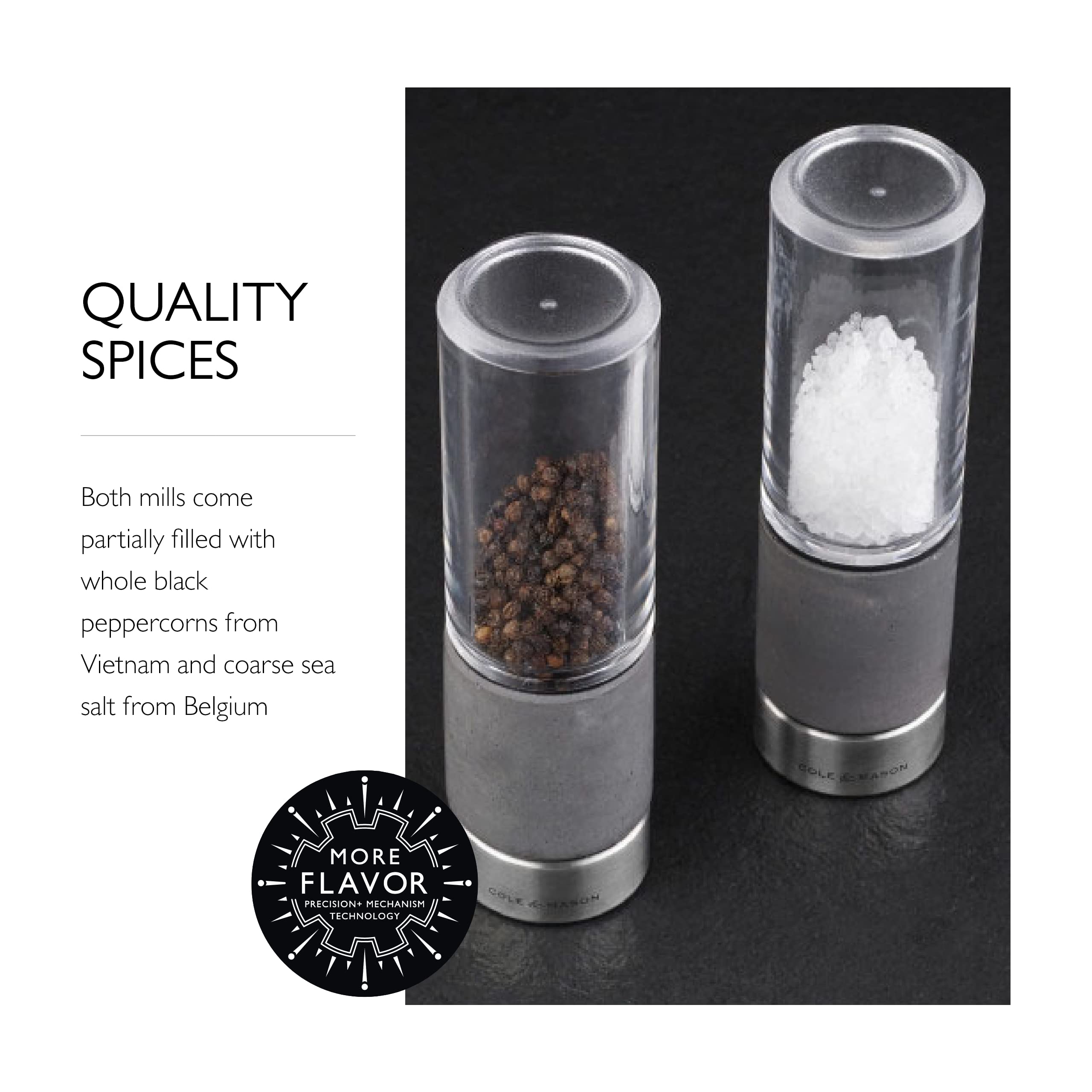 Cole & Mason Regent Concrete Stemless Salt & Pepper Mill Gift Set - Refillable Salt & Pepper Grinder Set With Carbon Steel Preci